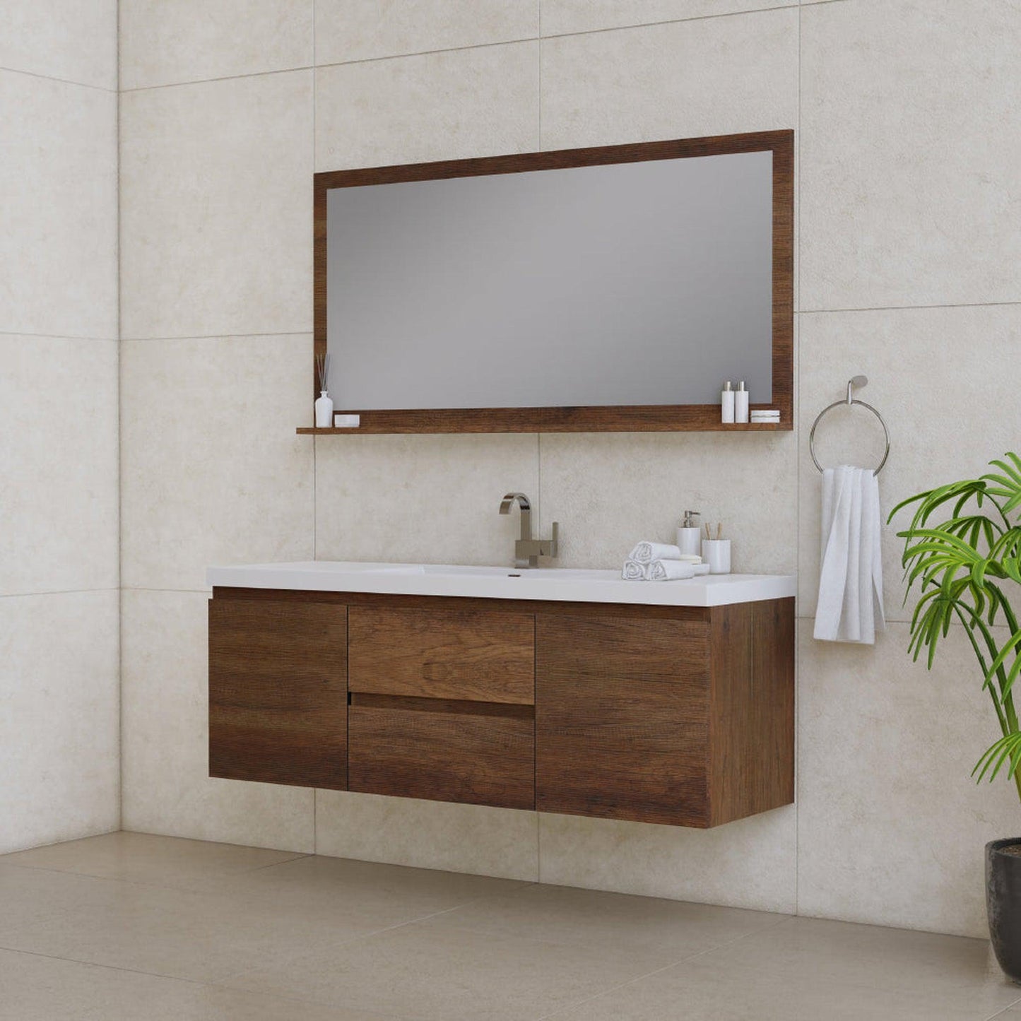 Alya Bath Paterno 60" Single Rosewood Modern Wall Mounted  Bathroom Vanity With Acrylic Top and Integrated Sink - AB-MOF60S-RW