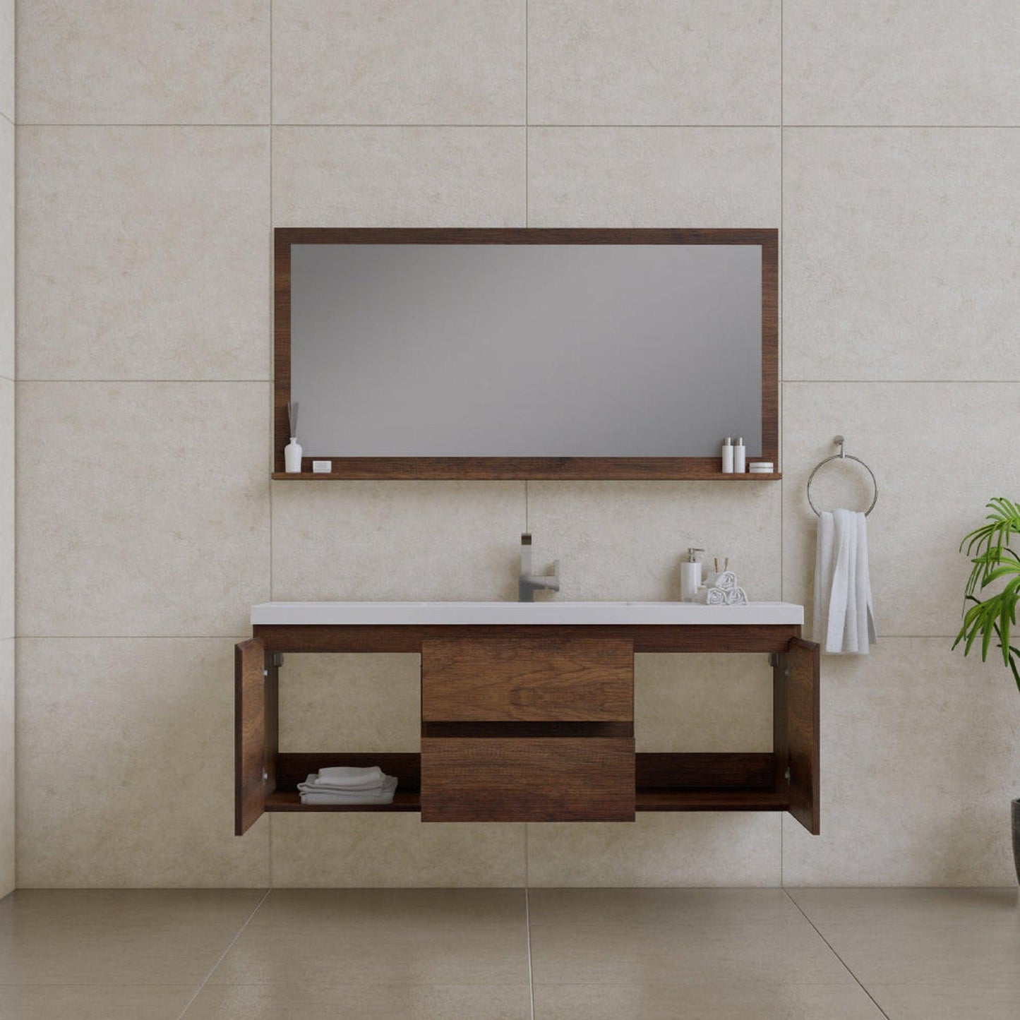 Alya Bath Paterno 60" Single Rosewood Modern Wall Mounted  Bathroom Vanity With Acrylic Top and Integrated Sink - AB-MOF60S-RW