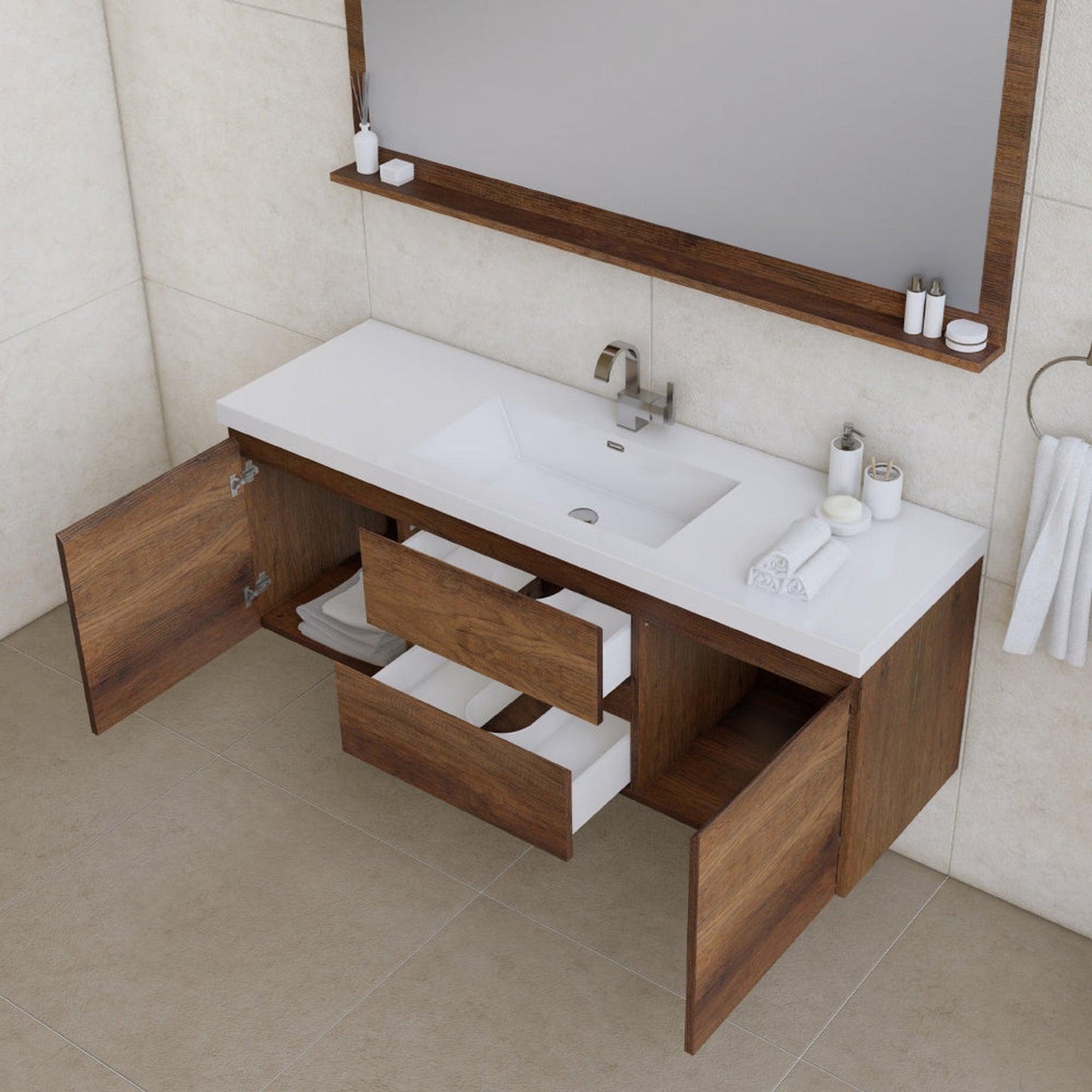 Alya Bath Paterno 60" Single Rosewood Modern Wall Mounted  Bathroom Vanity With Acrylic Top and Integrated Sink - AB-MOF60S-RW