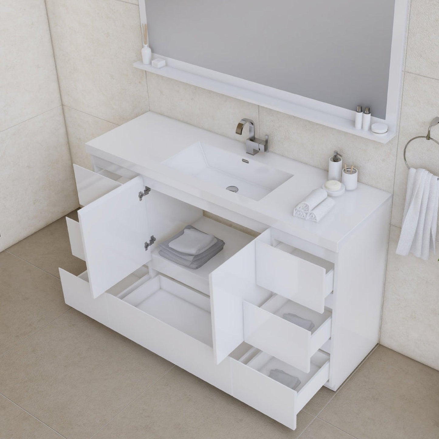 Alya Bath Paterno 60" Single White Modern Freestanding  Bathroom Vanity With Acrylic Top and Integrated Sink - AB-MOA60S-W