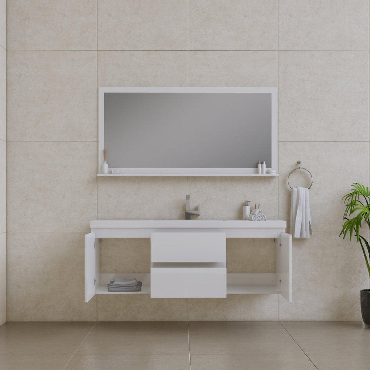 Alya Bath Paterno 60" Single White Modern Wall Mounted Bathroom Vanity With Acrylic Top and Integrated Sink - AB-MOF60S-W