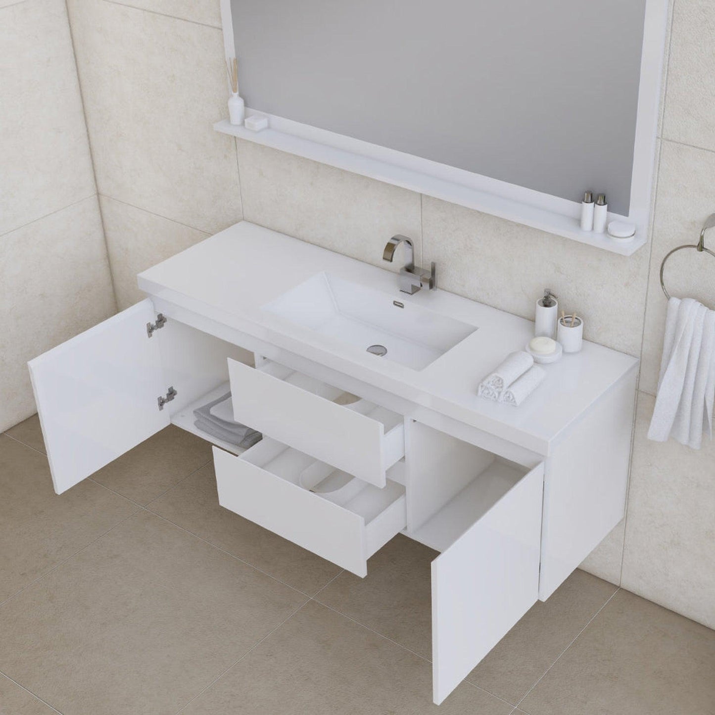 Alya Bath Paterno 60" Single White Modern Wall Mounted Bathroom Vanity With Acrylic Top and Integrated Sink - AB-MOF60S-W