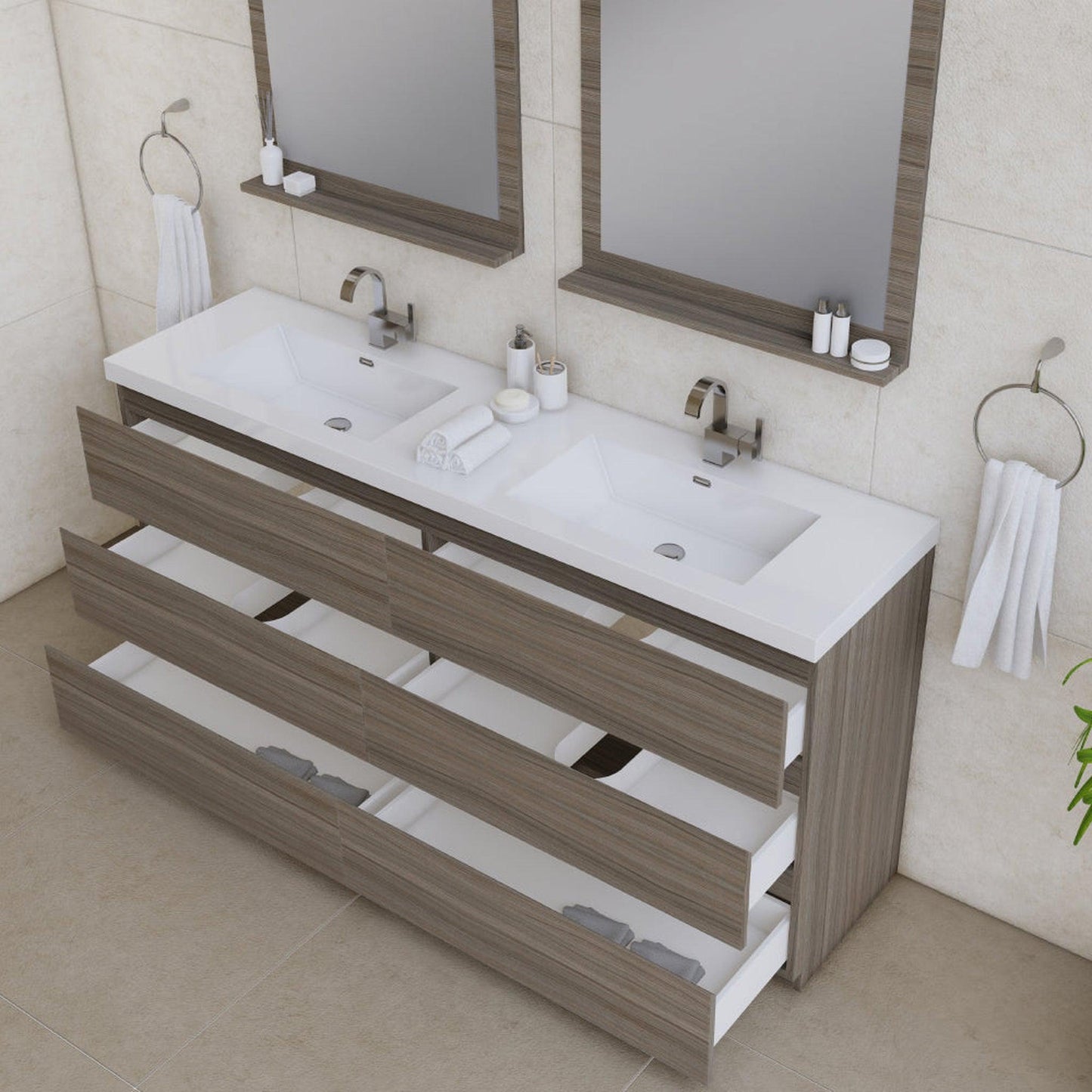 Alya Bath Paterno 72" Double Gray Modern Freestanding Bathroom Vanity With Acrylic Top and Integrated  Sink - AB-MOA72D-G