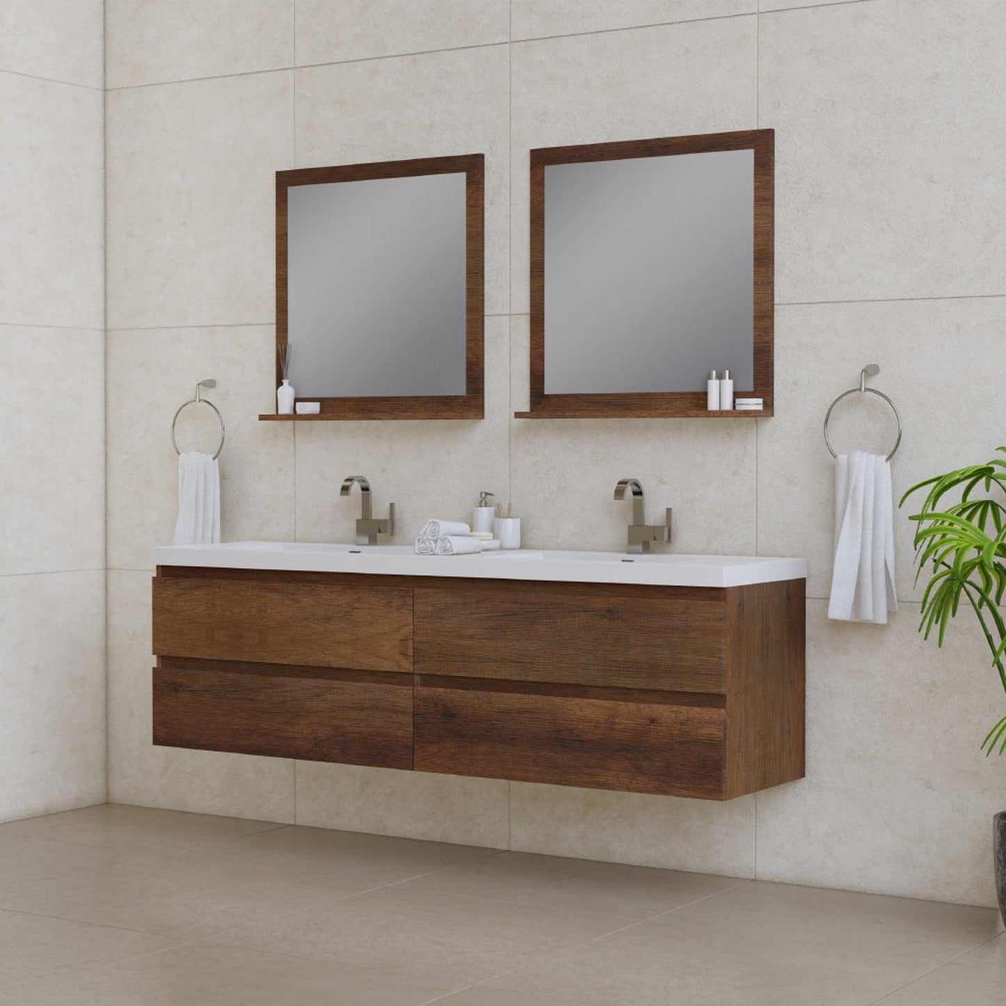 Alya Bath Paterno 72" Double Rosewood Modern Wall Mounted  Bathroom Vanity With Acrylic Top and Integrated Sink - AB-MOF72D-RW
