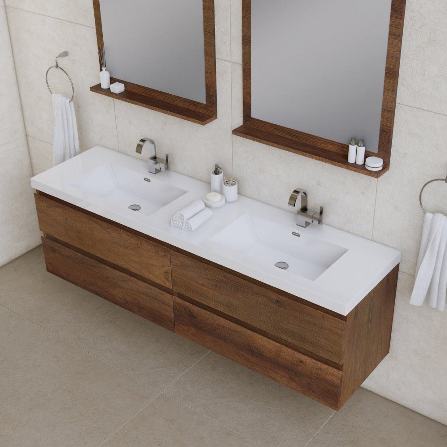Alya Bath Paterno 72" Double Rosewood Modern Wall Mounted  Bathroom Vanity With Acrylic Top and Integrated Sink - AB-MOF72D-RW