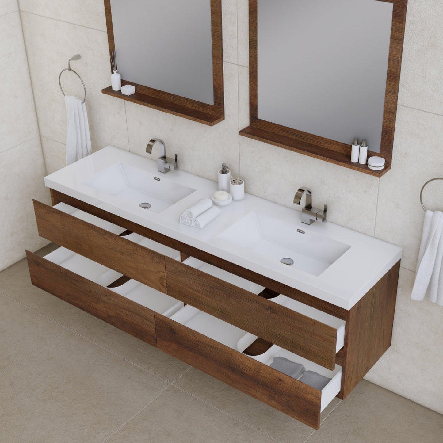 Alya Bath Paterno 72" Double Rosewood Modern Wall Mounted  Bathroom Vanity With Acrylic Top and Integrated Sink - AB-MOF72D-RW