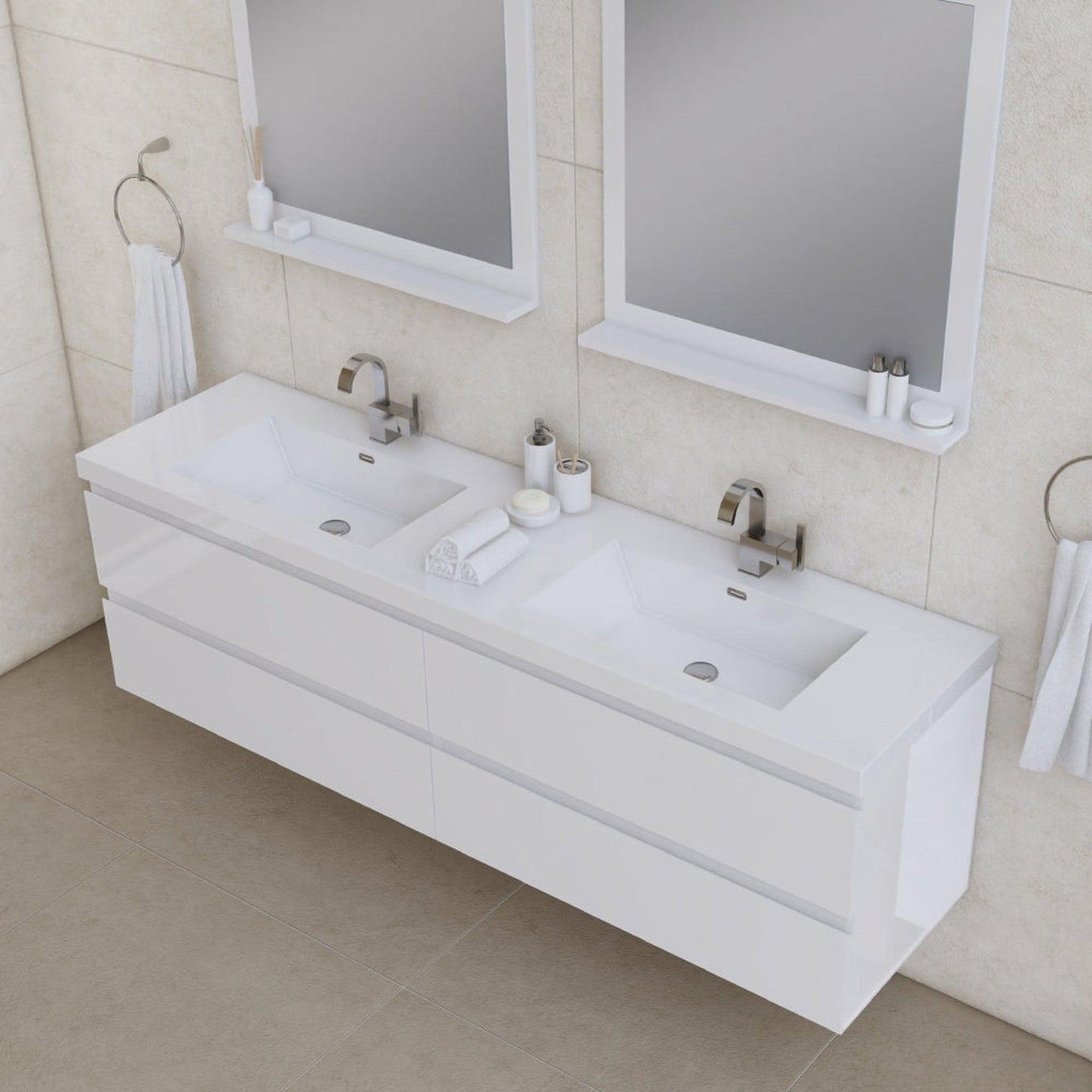 Alya Bath Paterno 72" Double White Modern Wall Mounted  Bathroom Vanity With Acrylic Top and Integrated Sink - AB-MOF72D-W