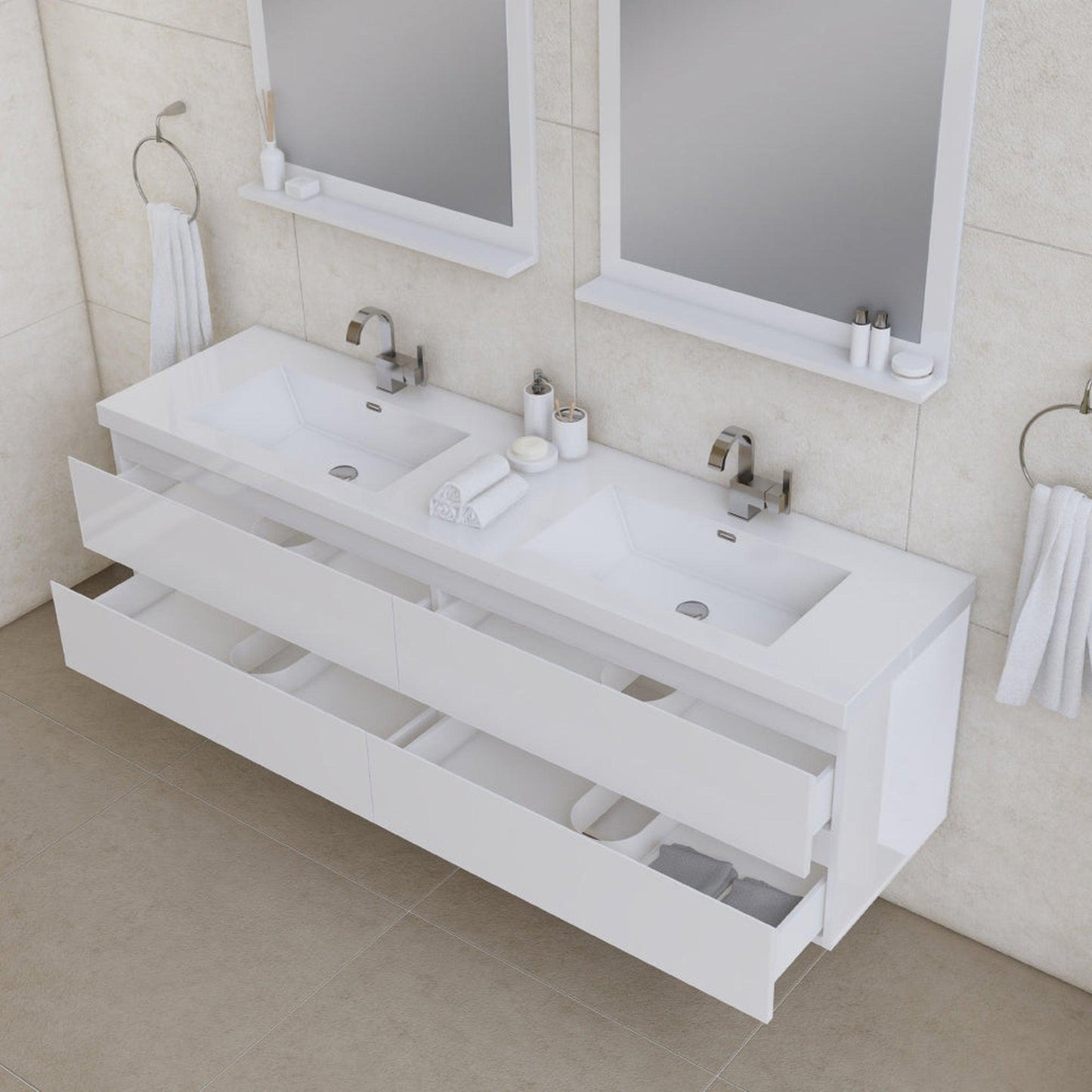 Alya Bath Paterno 72" Double White Modern Wall Mounted  Bathroom Vanity With Acrylic Top and Integrated Sink - AB-MOF72D-W