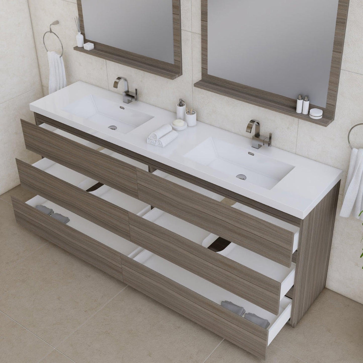 Alya Bath Paterno 84" Double Gray  Modern Freestanding  Bathroom Vanity With Acrylic Top and Integrated Sink - AB-MOA84D-G