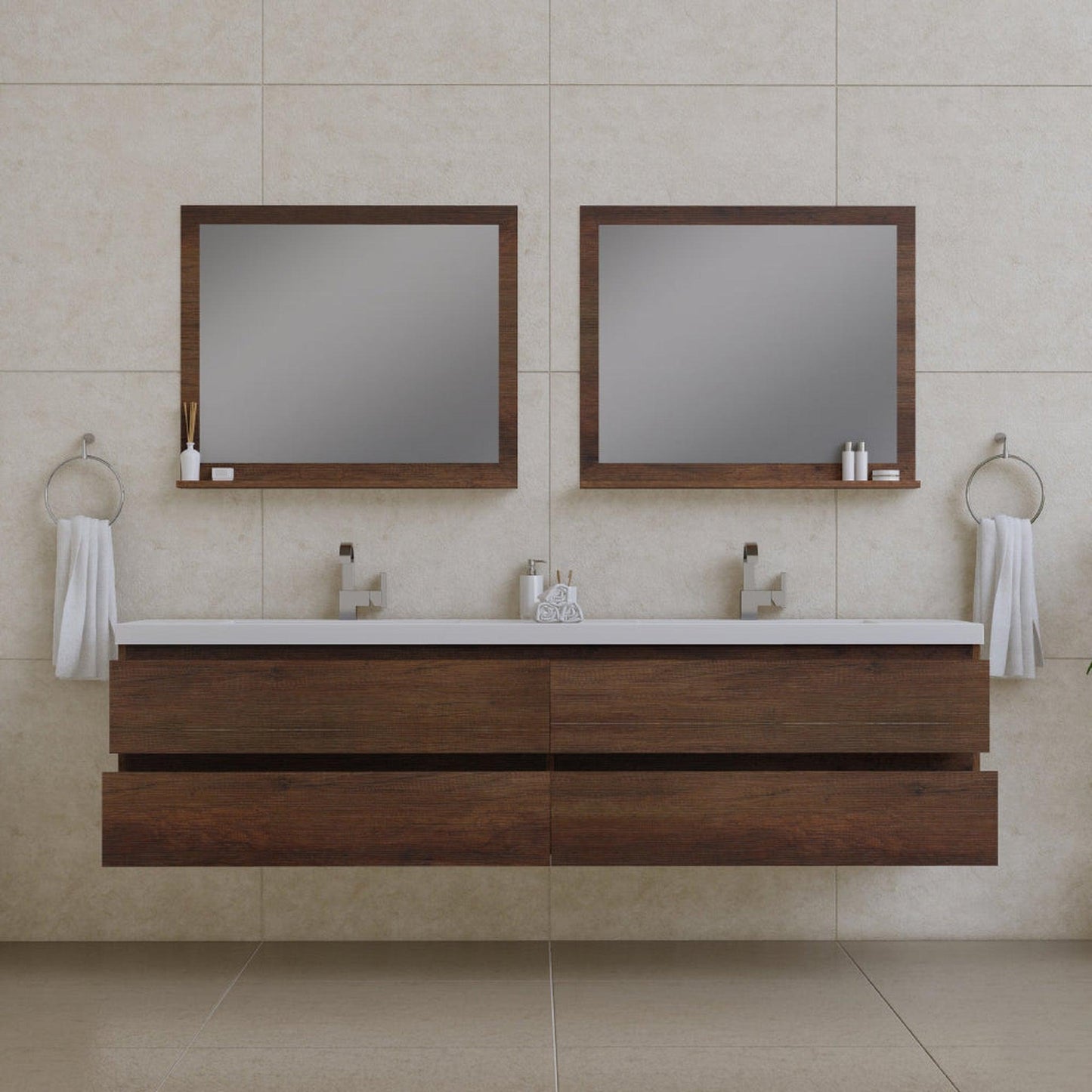 Alya Bath Paterno 84" Double Rosewood Modern Wall Mounted Bathroom Vanity With Acrylic Top and Integrated Sink - AB-MOF84D-RW