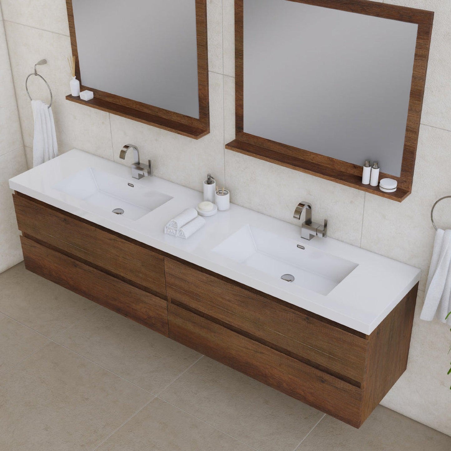 Alya Bath Paterno 84" Double Rosewood Modern Wall Mounted Bathroom Vanity With Acrylic Top and Integrated Sink - AB-MOF84D-RW