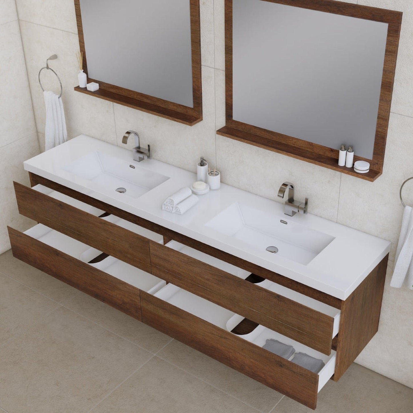 Alya Bath Paterno 84" Double Rosewood Modern Wall Mounted Bathroom Vanity With Acrylic Top and Integrated Sink - AB-MOF84D-RW