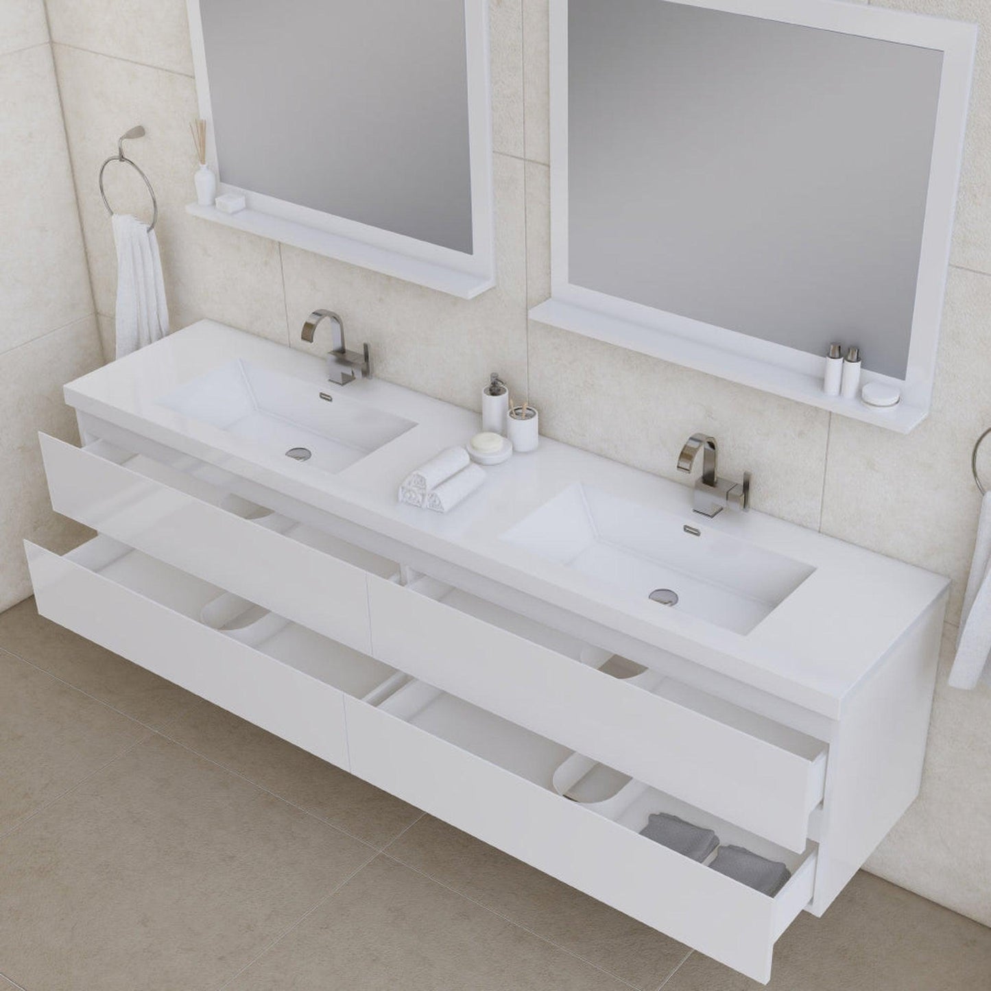 Alya Bath Paterno 84" Double  White Modern Wall Mounted Bathroom Vanity With Acrylic Top and Integrated Sink - AB-MOF84D-W
