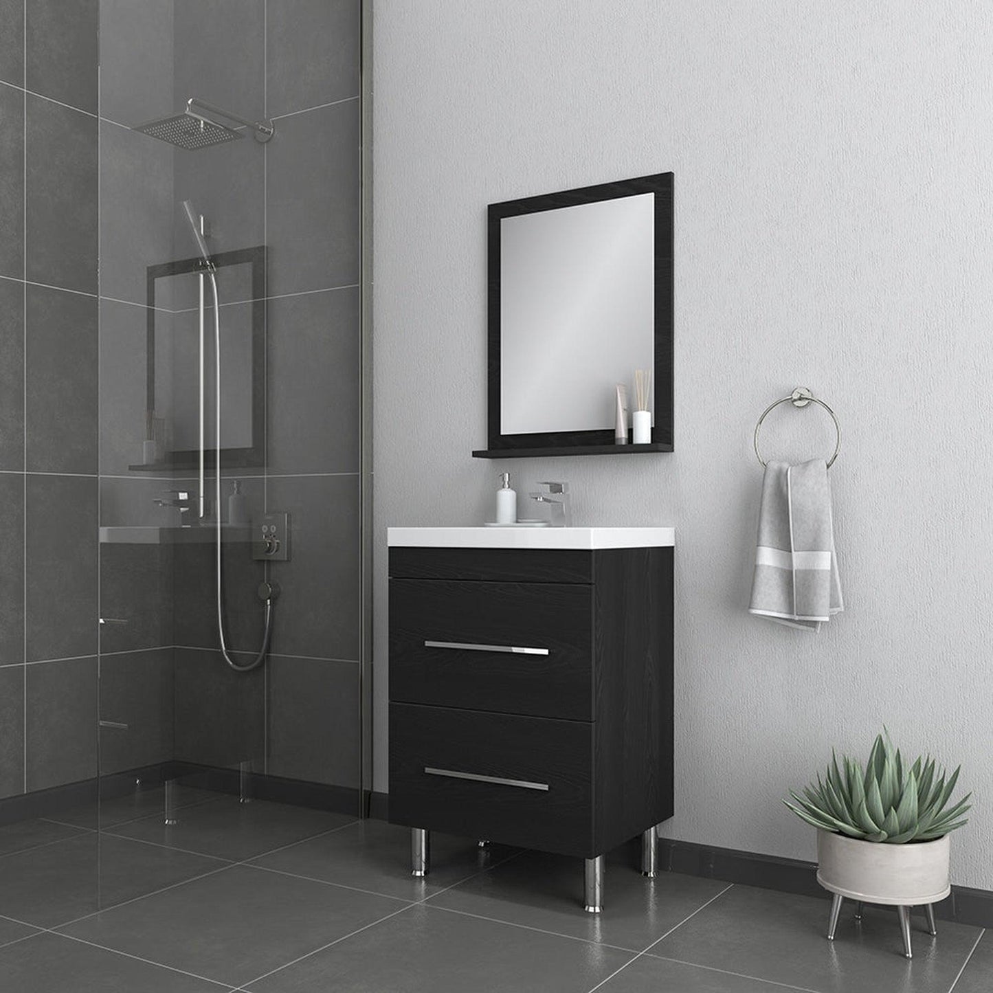 Alya Bath Ripley 24" Single Black Modern Freestanding Bathroom Vanity With Integrated Acrylic Top, Acrylic Sink and Wall Mounted Mirror - AT-8080-B+AT-24-M-B