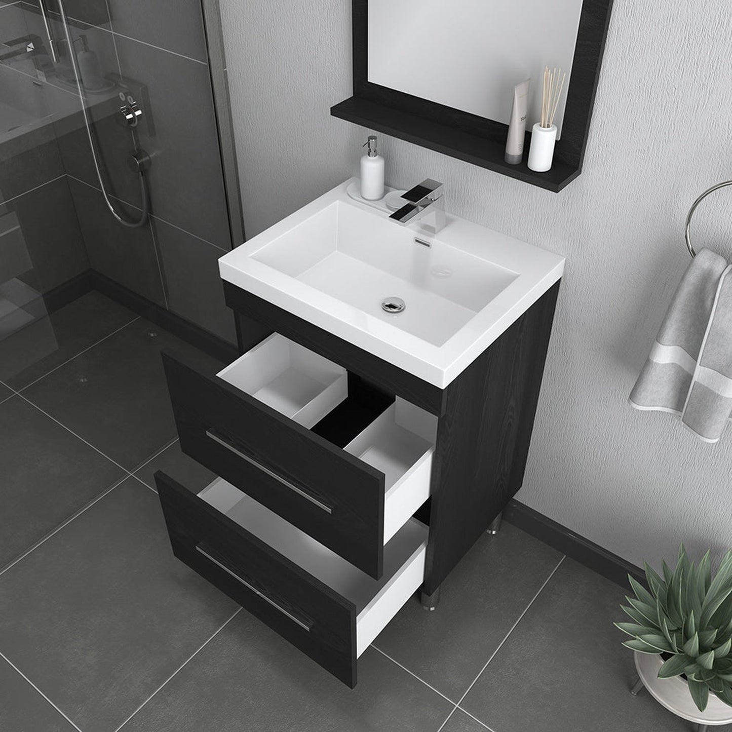Alya Bath Ripley 24" Single Black Modern Freestanding Bathroom Vanity With Integrated Acrylic Top, Acrylic Sink and Wall Mounted Mirror - AT-8080-B+AT-24-M-B