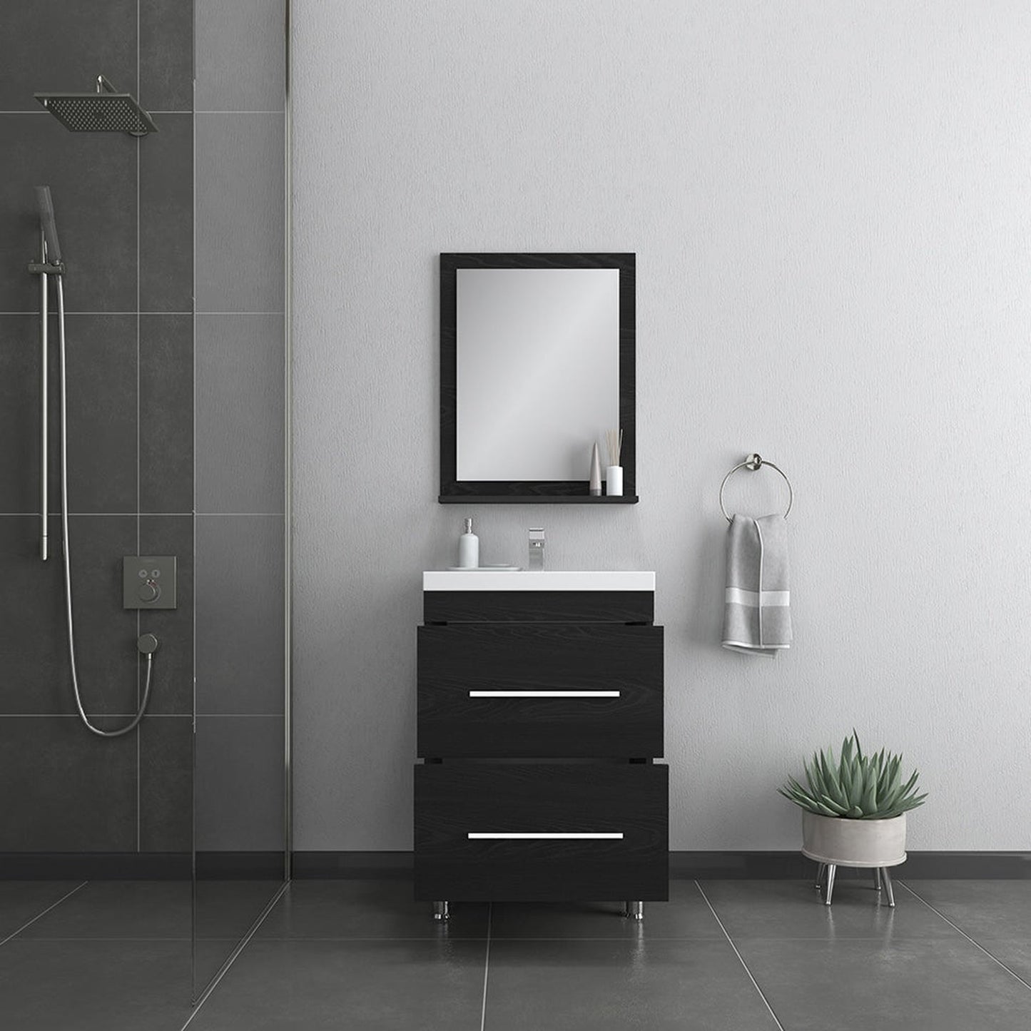 Alya Bath Ripley 24" Single Black Modern Freestanding Bathroom Vanity With Integrated Acrylic Top, Acrylic Sink and Wall Mounted Mirror - AT-8080-B+AT-24-M-B