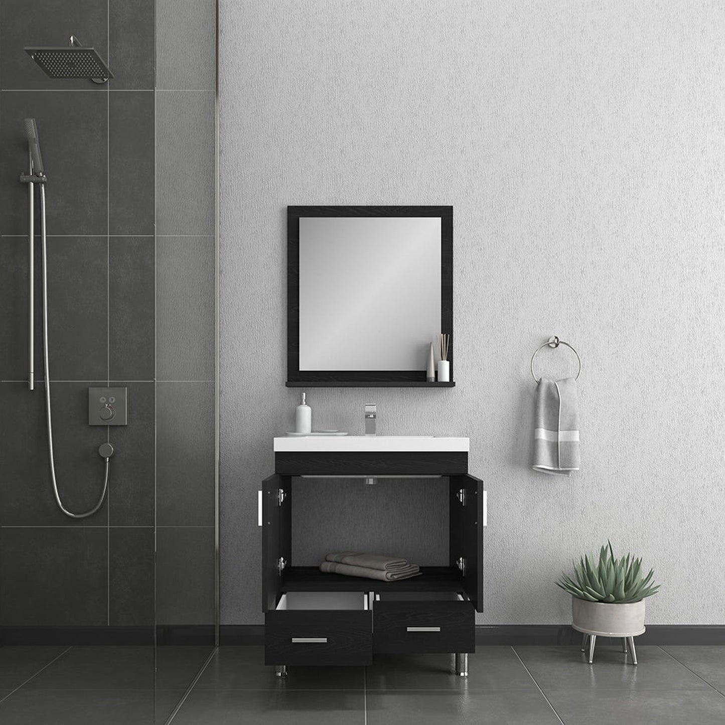Alya Bath Ripley 30" Single Black Modern Freestanding  Bathroom Vanity With Integrated Acrylic Top, Acrylic Sink and Wall Mounted Mirror - AT-8085-B+AT-30-M-B