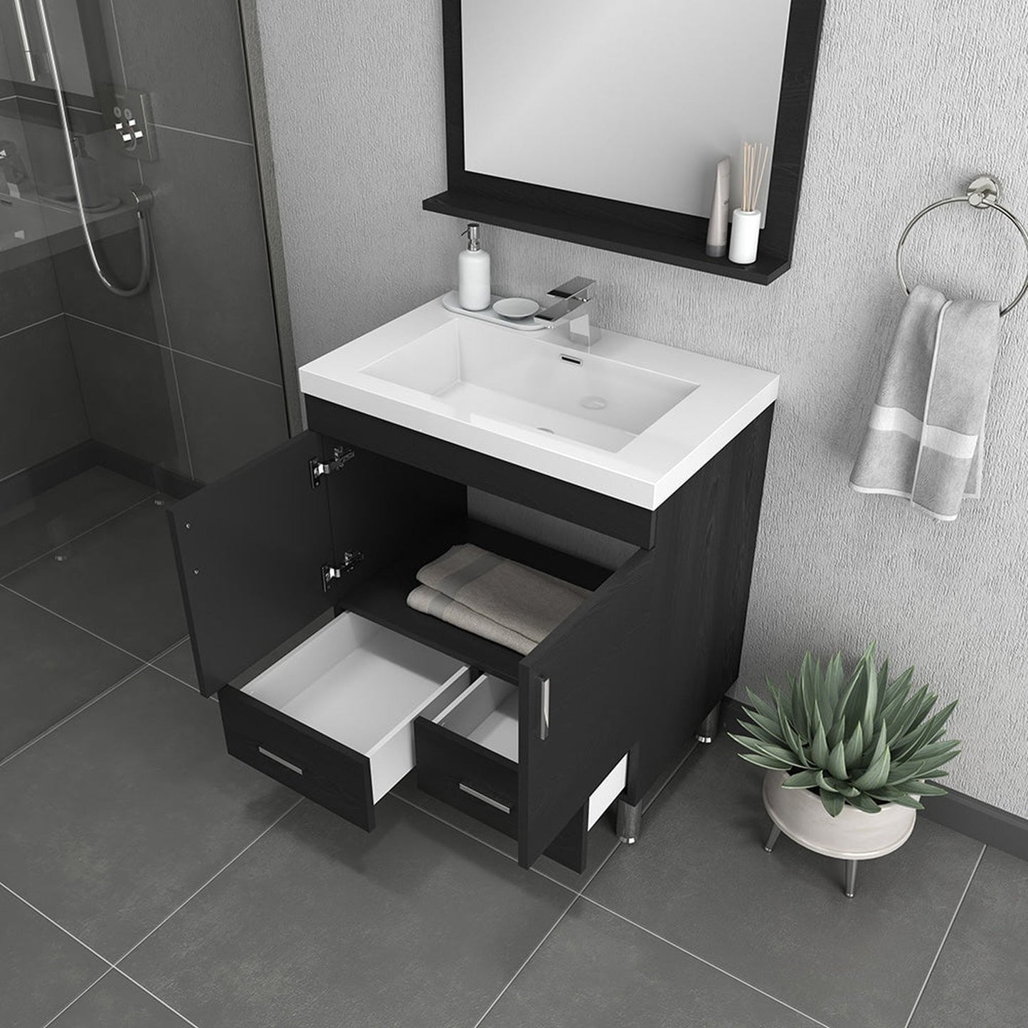 Alya Bath Ripley 30" Single Black Modern Freestanding  Bathroom Vanity With Integrated Acrylic Top, Acrylic Sink and Wall Mounted Mirror - AT-8085-B+AT-30-M-B