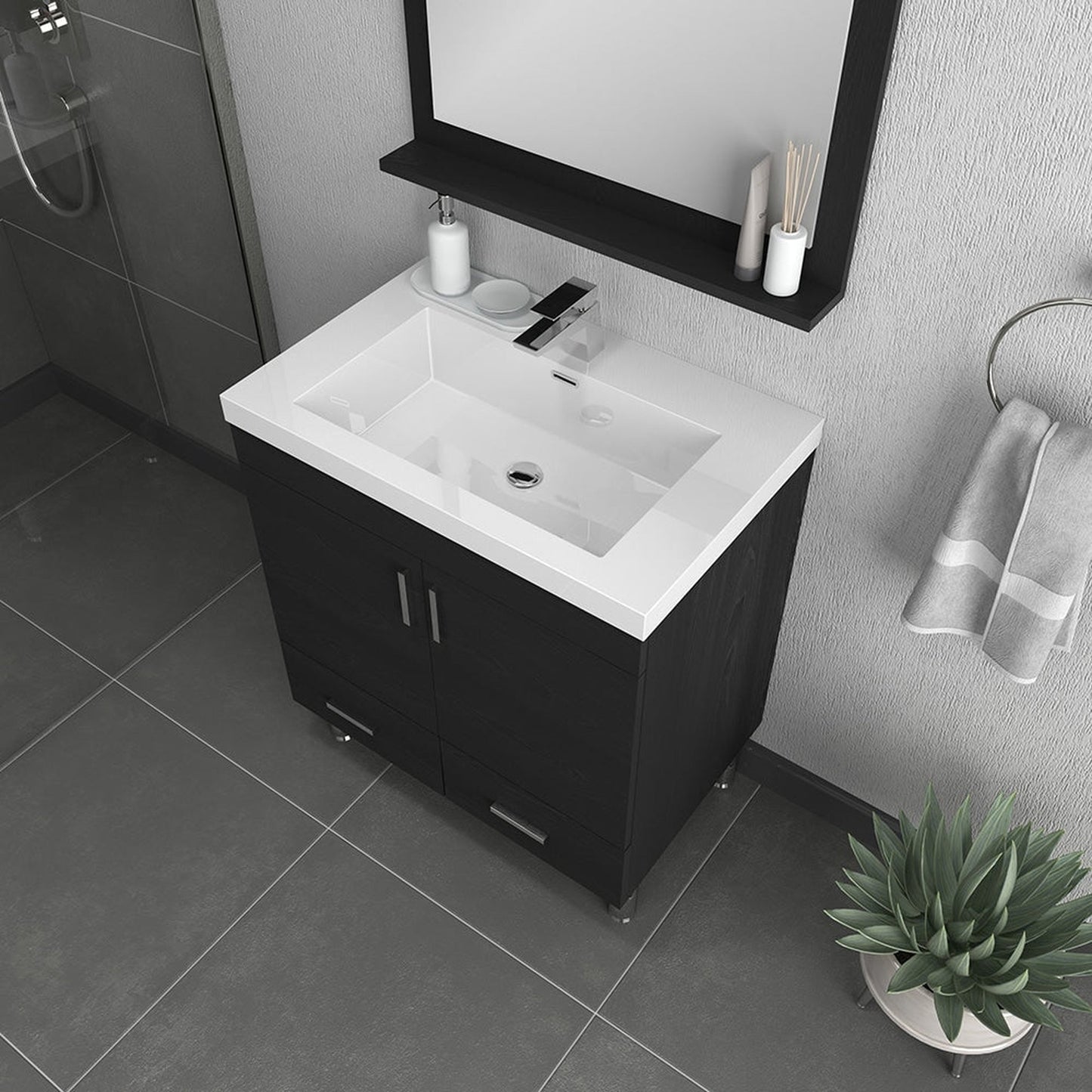 Alya Bath Ripley 30" Single Black Modern Freestanding  Bathroom Vanity With Integrated Acrylic Top, Acrylic Sink and Wall Mounted Mirror - AT-8085-B+AT-30-M-B
