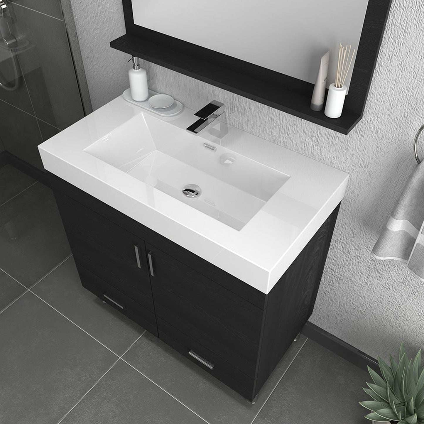 Alya Bath Ripley 36" Single Black Modern Freestanding Bathroom Vanity With Integrated Acrylic Top, Acrylic Sink and Wall Mounted Mirror - AT-8089-B+AT-36-M-B