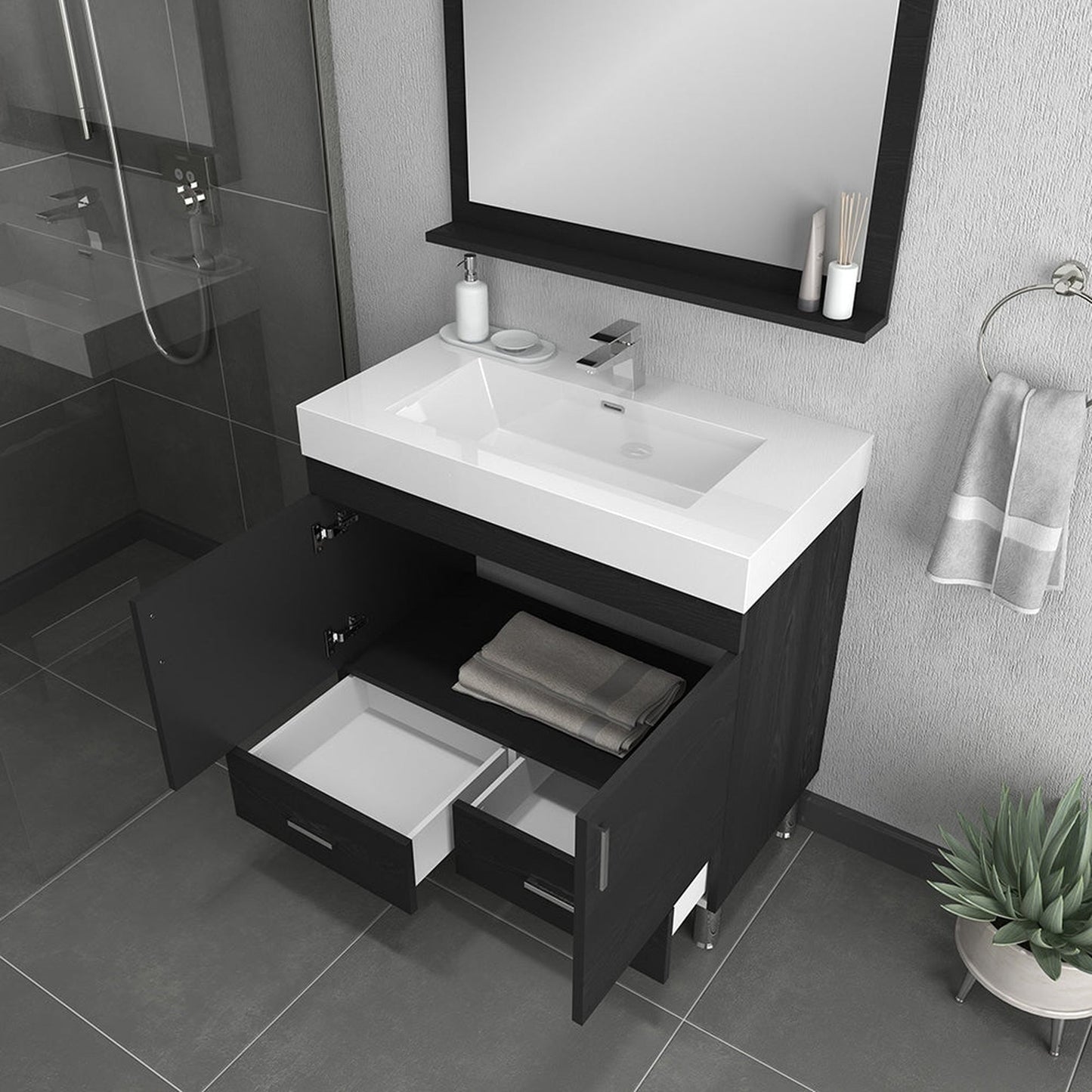 Alya Bath Ripley 36" Single Black Modern Freestanding Bathroom Vanity With Integrated Acrylic Top, Acrylic Sink and Wall Mounted Mirror - AT-8089-B+AT-36-M-B