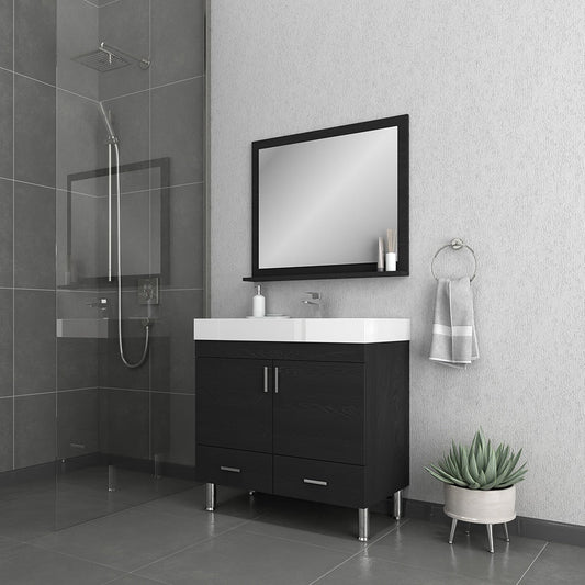 Alya Bath Ripley 36" Single Black Modern Freestanding Bathroom Vanity With Integrated Acrylic Top, Acrylic Sink and Wall Mounted Mirror - AT-8089-B+AT-36-M-B