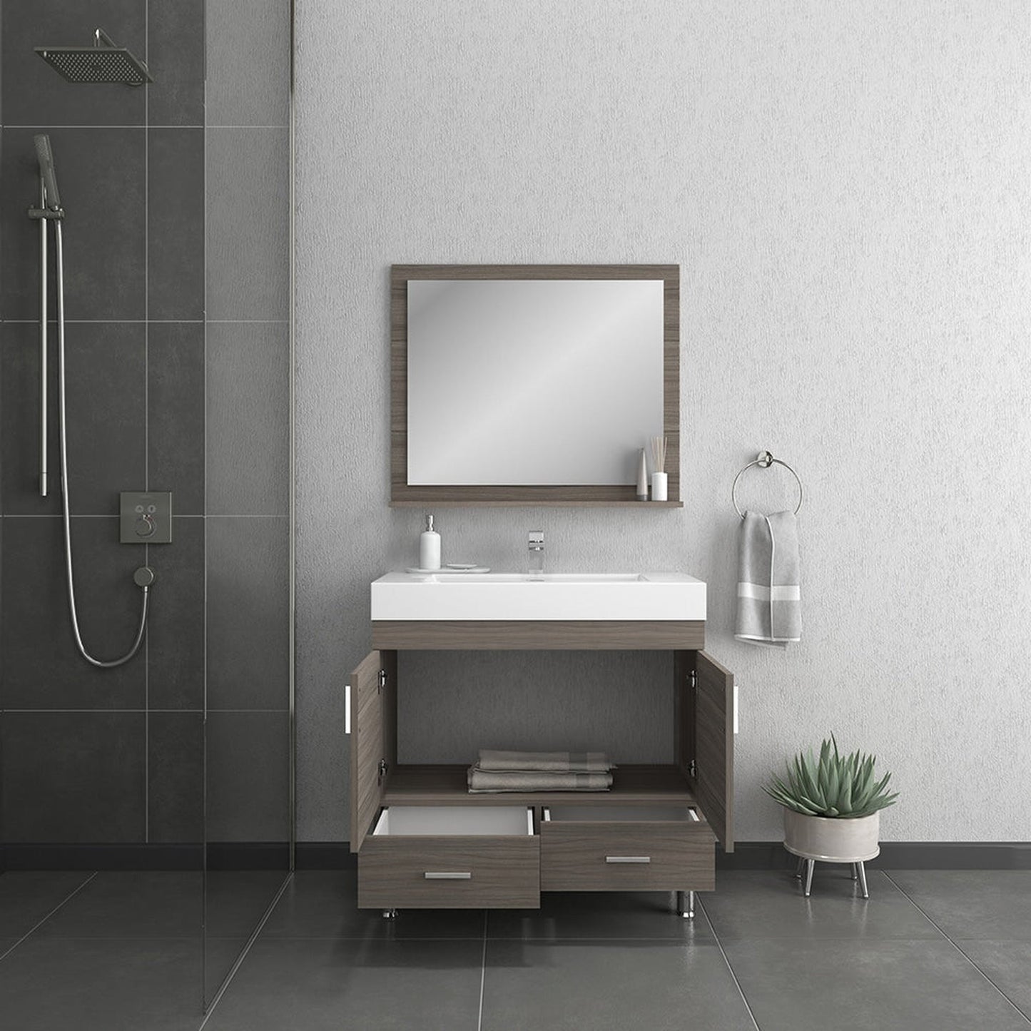 Alya Bath Ripley 36" Single Gray Modern Freestanding  Bathroom Vanity With Integrated Acrylic Top, Acrylic Sink and Wall Mounted Mirror - AT-8089-G+AT-36-M-G