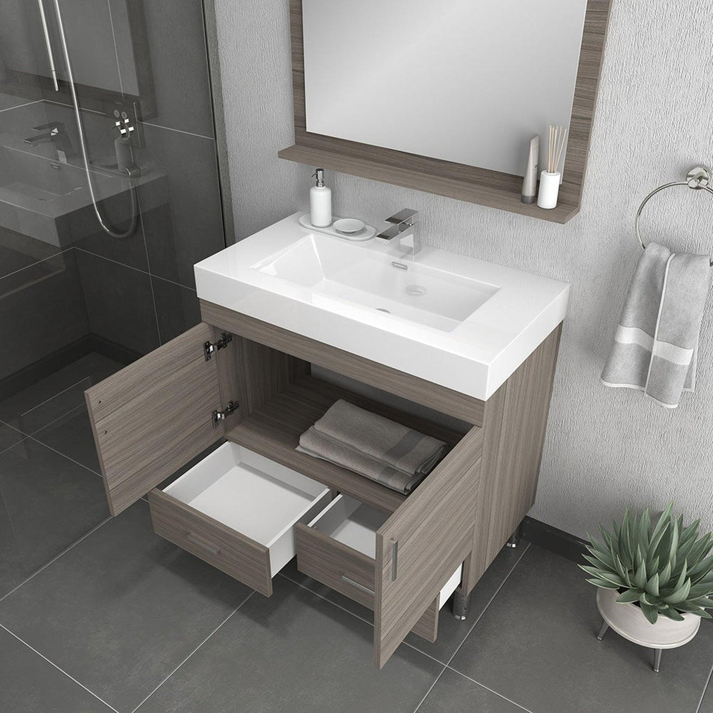 Alya Bath Ripley 36" Single Gray Modern Freestanding  Bathroom Vanity With Integrated Acrylic Top, Acrylic Sink and Wall Mounted Mirror - AT-8089-G+AT-36-M-G