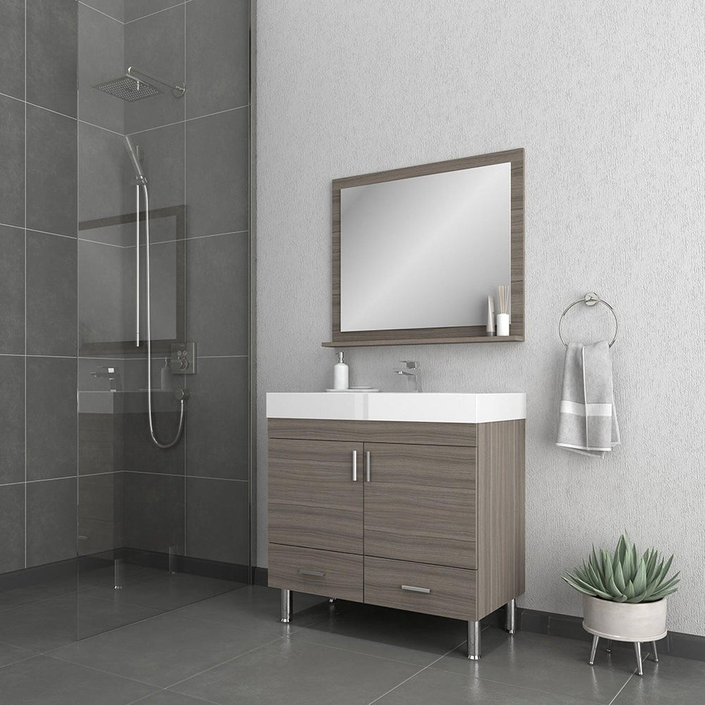 Alya Bath Ripley 36" Single Gray Modern Freestanding  Bathroom Vanity With Integrated Acrylic Top, Acrylic Sink and Wall Mounted Mirror - AT-8089-G+AT-36-M-G