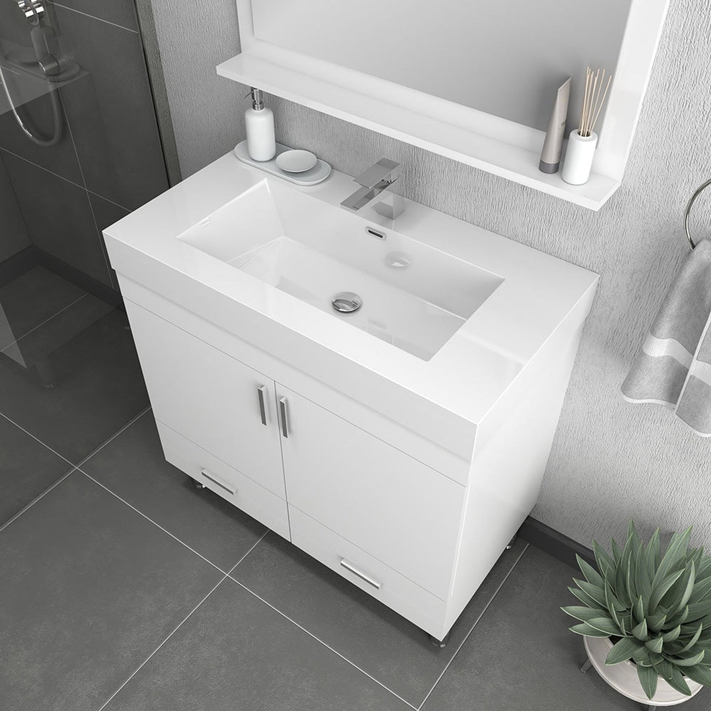 Alya Bath Ripley  36"  Single White Modern Freestanding Bathroom Vanity With Integrated Acrylic Top, Acrylic Sink and Wall Mounted Mirror - AT-8089-W+AT-36-M-W