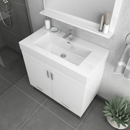 Alya Bath Ripley  36"  Single White Modern Freestanding Bathroom Vanity With Integrated Acrylic Top, Acrylic Sink and Wall Mounted Mirror - AT-8089-W+AT-36-M-W