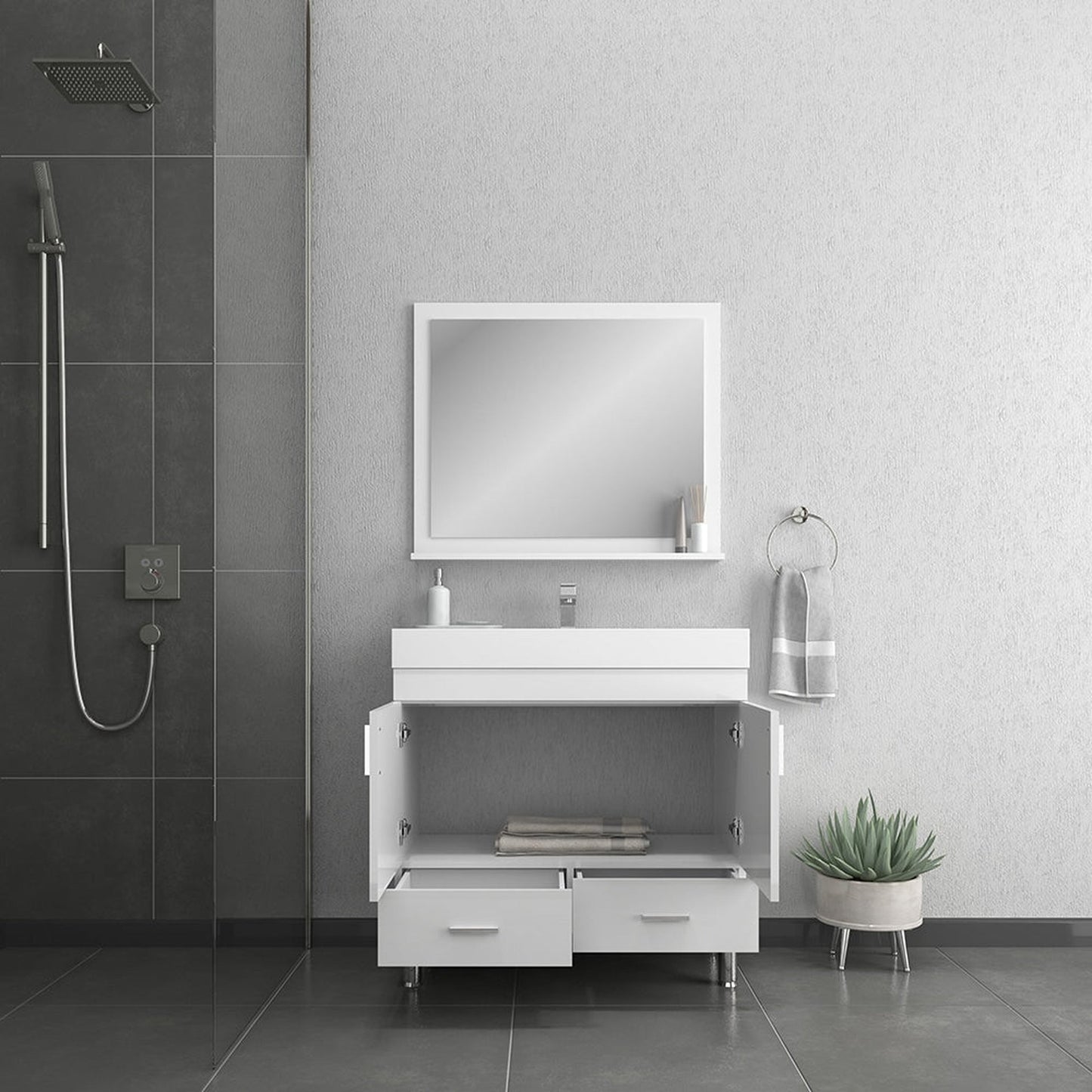Alya Bath Ripley  36"  Single White Modern Freestanding Bathroom Vanity With Integrated Acrylic Top, Acrylic Sink and Wall Mounted Mirror - AT-8089-W+AT-36-M-W
