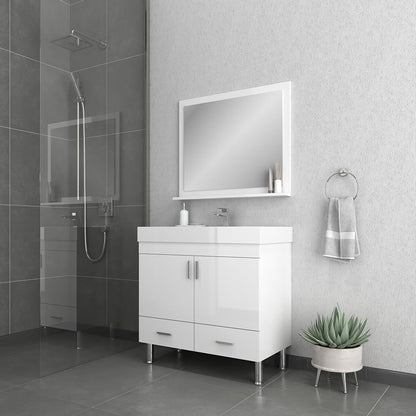Alya Bath Ripley  36"  Single White Modern Freestanding Bathroom Vanity With Integrated Acrylic Top, Acrylic Sink and Wall Mounted Mirror - AT-8089-W+AT-36-M-W