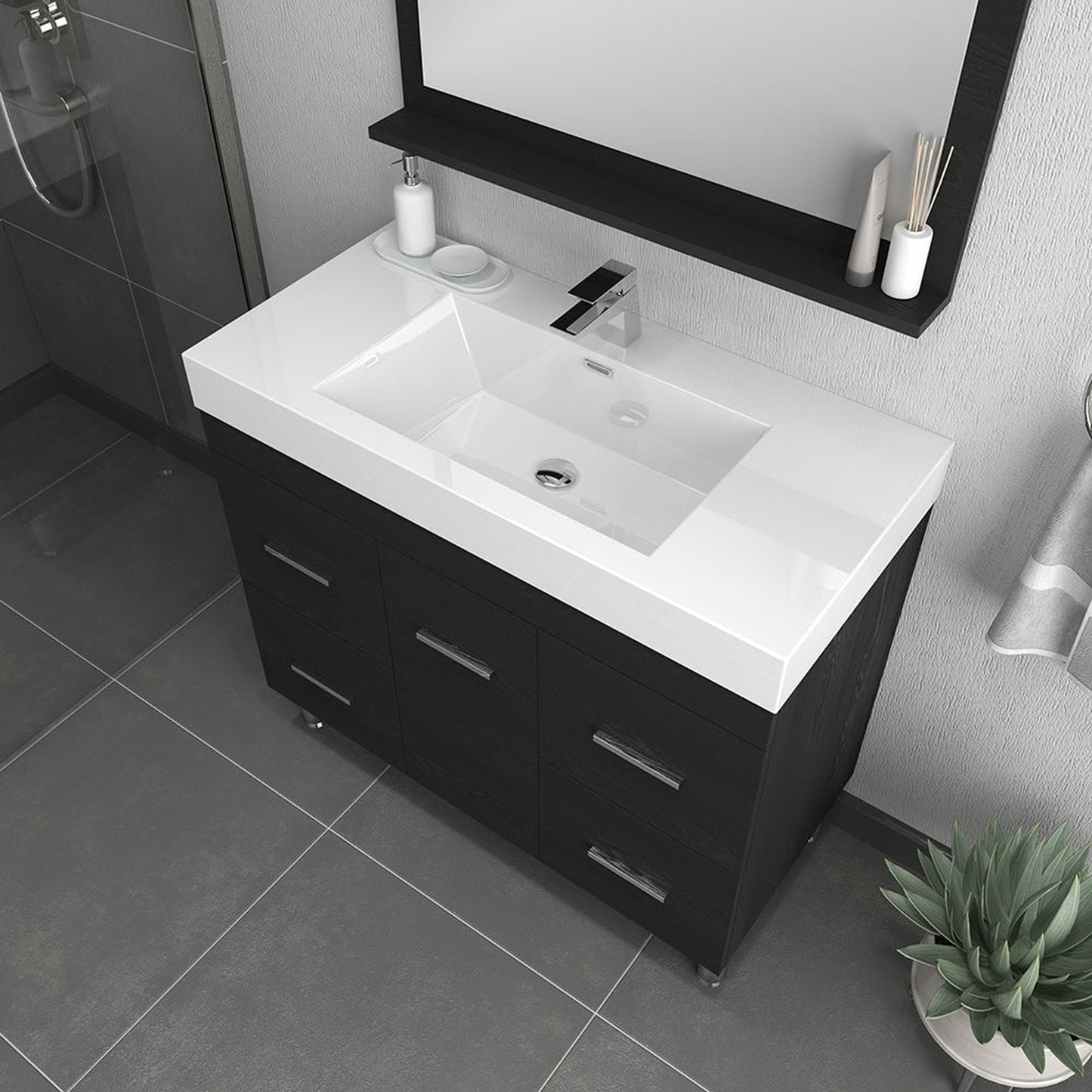 Alya Bath Ripley 39" Single Black Modern Freestanding  Bathroom Vanity With Integrated Acrylic Top, Acrylic Sink and Wall Mounted Mirror - AT-8041-B+AT-36-M-B