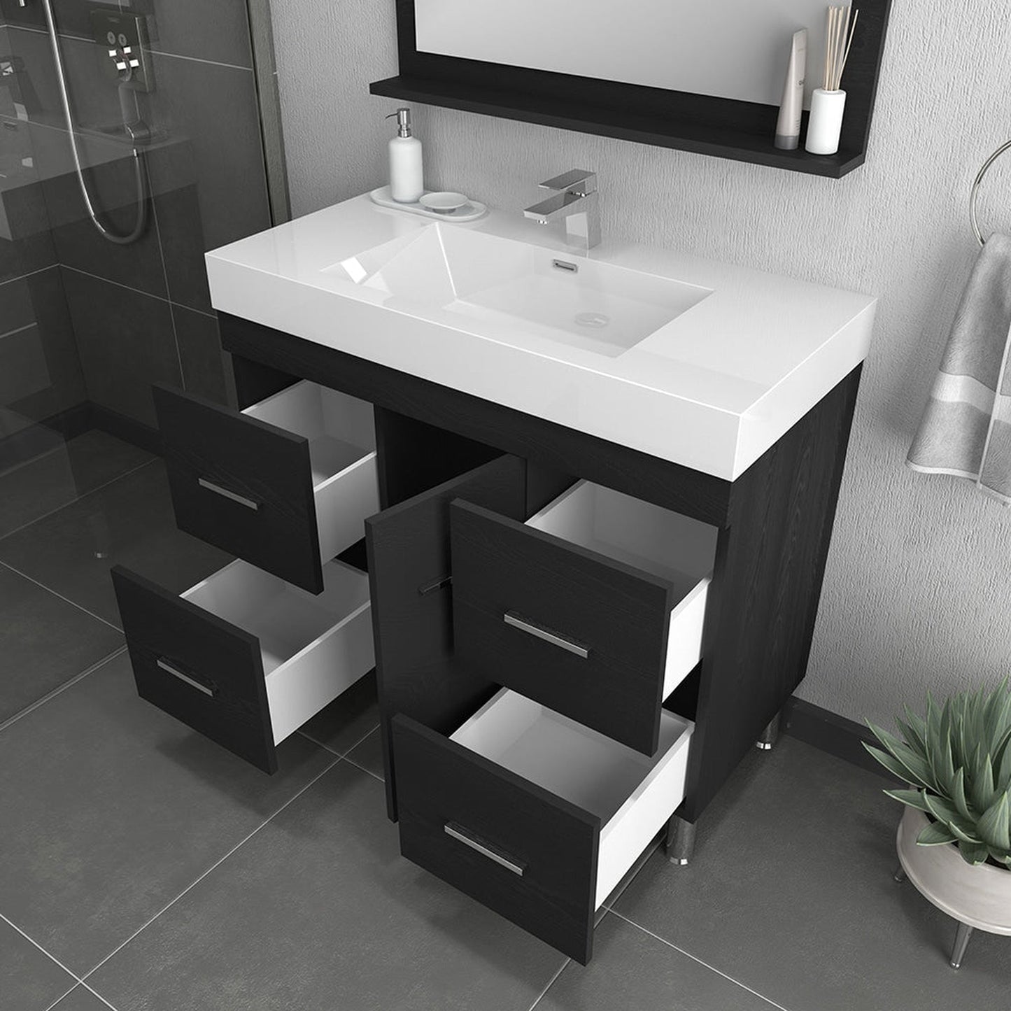 Alya Bath Ripley 39" Single Black Modern Freestanding  Bathroom Vanity With Integrated Acrylic Top, Acrylic Sink and Wall Mounted Mirror - AT-8041-B+AT-36-M-B