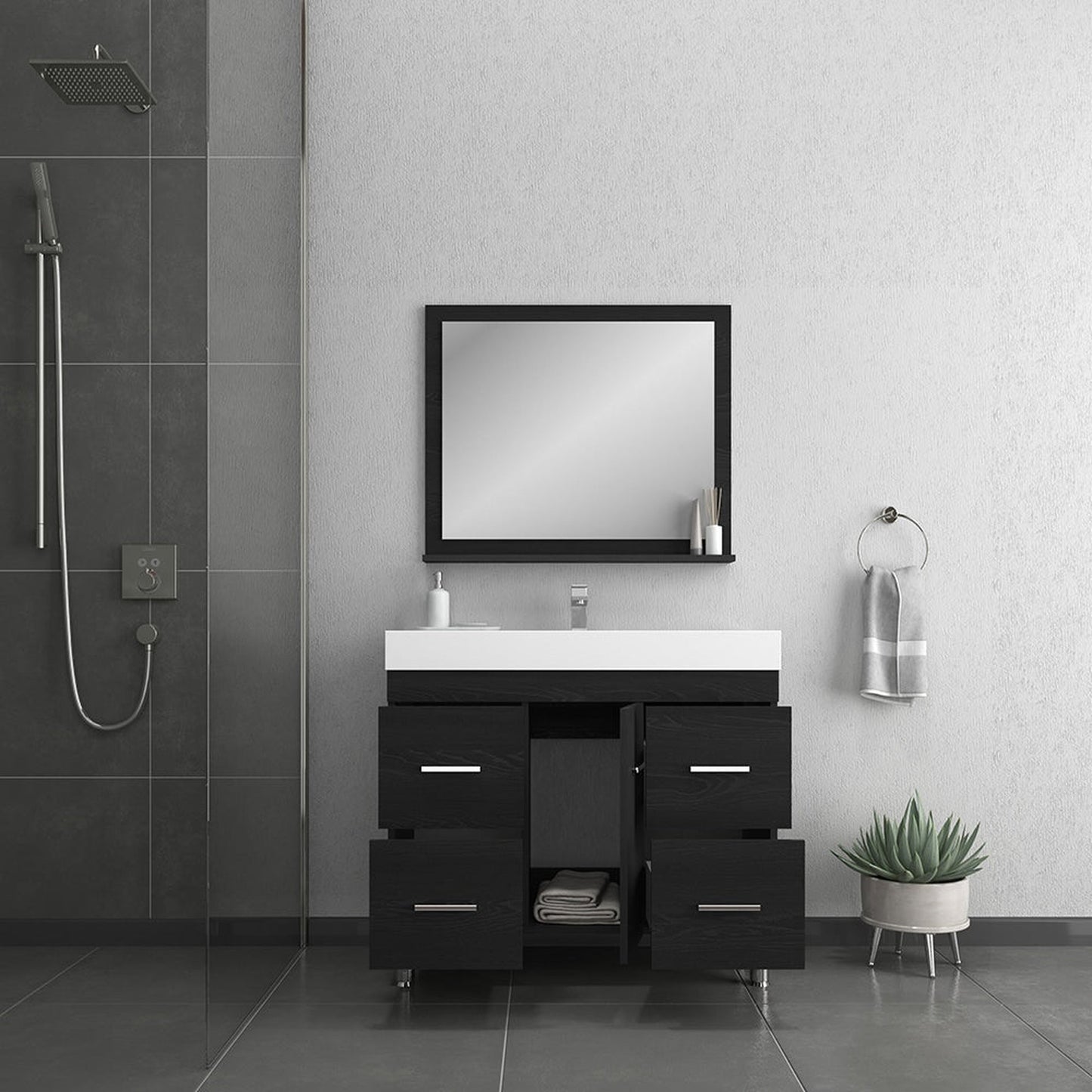 Alya Bath Ripley 39" Single Black Modern Freestanding  Bathroom Vanity With Integrated Acrylic Top, Acrylic Sink and Wall Mounted Mirror - AT-8041-B+AT-36-M-B