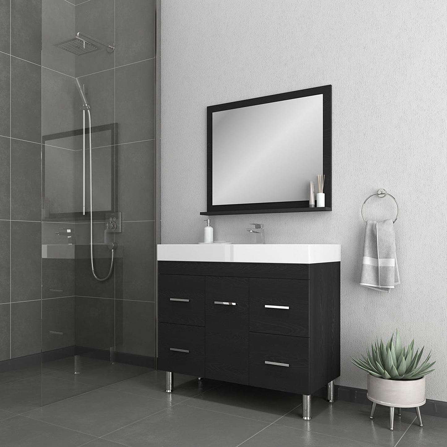 Alya Bath Ripley 39" Single Black Modern Freestanding  Bathroom Vanity With Integrated Acrylic Top, Acrylic Sink and Wall Mounted Mirror - AT-8041-B+AT-36-M-B