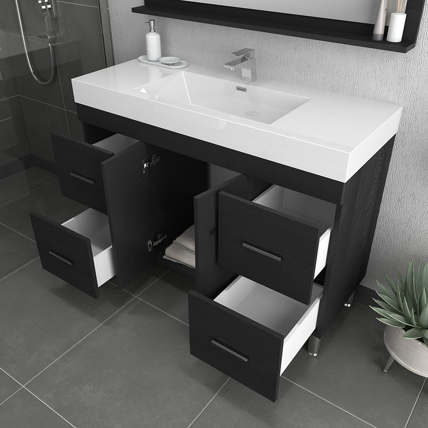 Alya Bath Ripley 48" Single Black Modern Freestanding  Bathroom Vanity With Integrated Acrylic Top, Acrylic Sink and Wall Mounted Mirror - AT-8042-B+AT-48-M-B