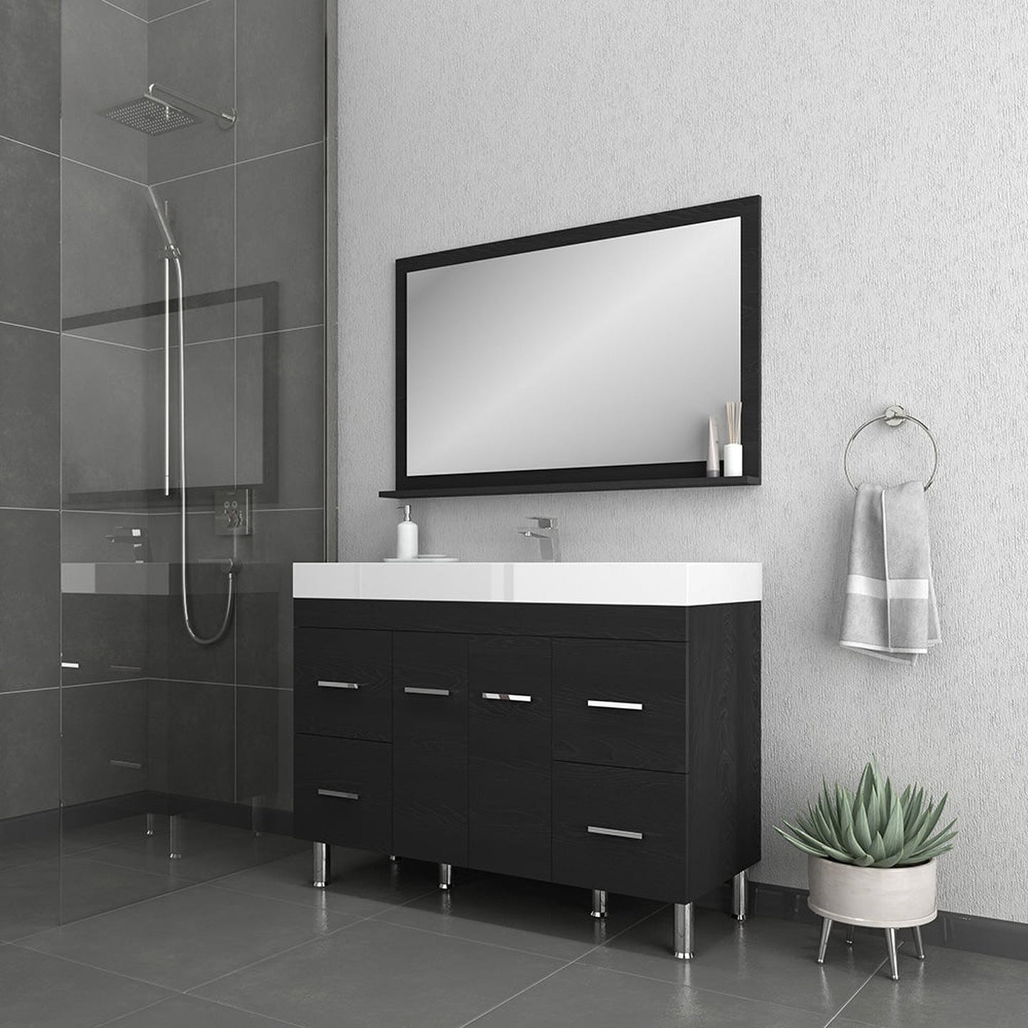 Alya Bath Ripley 48" Single Black Modern Freestanding  Bathroom Vanity With Integrated Acrylic Top, Acrylic Sink and Wall Mounted Mirror - AT-8042-B+AT-48-M-B