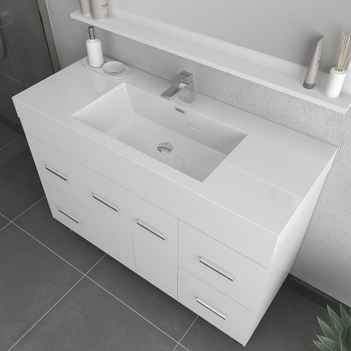Alya Bath Ripley 48" Single White Modern Freestanding  Bathroom Vanity With Integrated Acrylic Top, Acrylic Sink and Wall Mounted Mirror