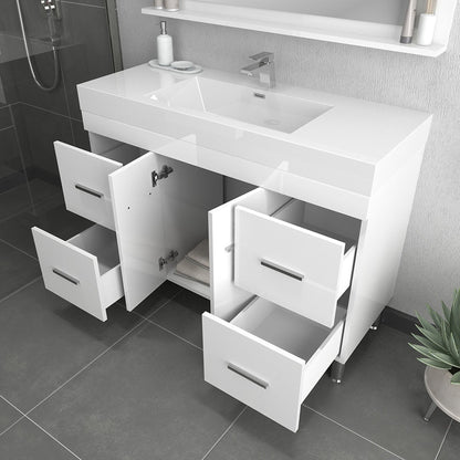 Alya Bath Ripley 48" Single White Modern Freestanding  Bathroom Vanity With Integrated Acrylic Top, Acrylic Sink and Wall Mounted Mirror