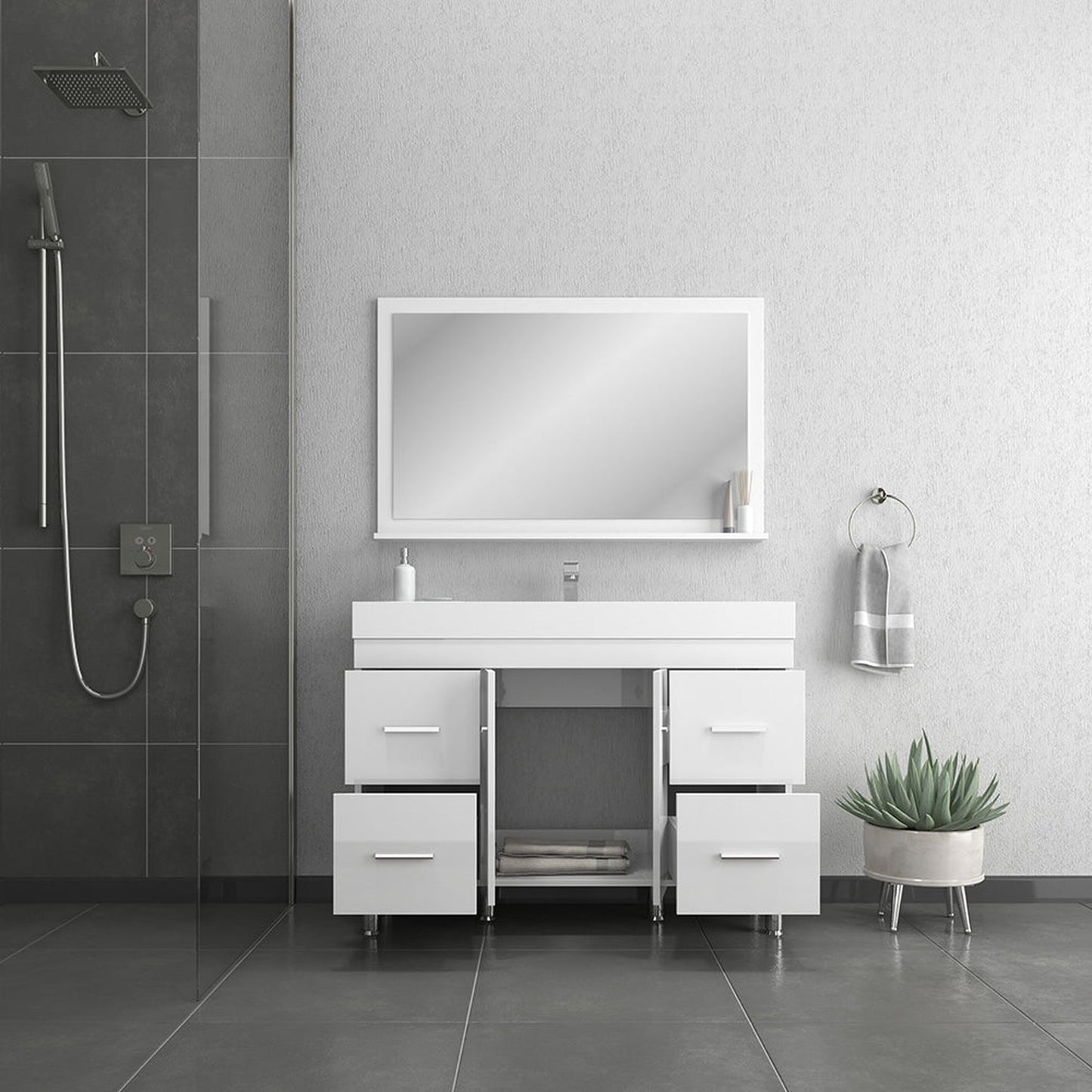 Alya Bath Ripley 48" Single White Modern Freestanding  Bathroom Vanity With Integrated Acrylic Top, Acrylic Sink and Wall Mounted Mirror