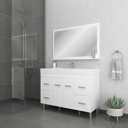 Alya Bath Ripley 48" Single White Modern Freestanding  Bathroom Vanity With Integrated Acrylic Top, Acrylic Sink and Wall Mounted Mirror