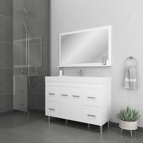 Alya Bath Ripley 48" Single White Modern Freestanding  Bathroom Vanity With Integrated Acrylic Top, Acrylic Sink and Wall Mounted Mirror
