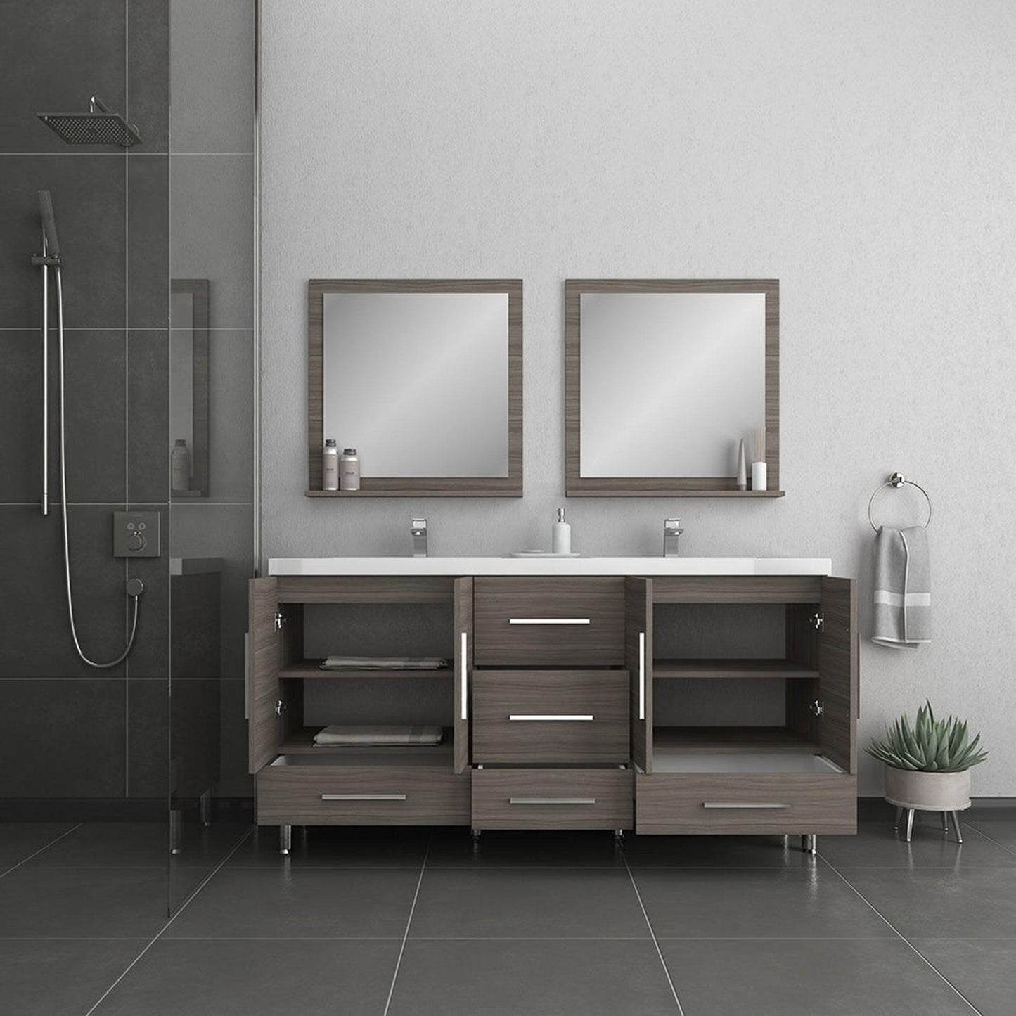 Alya Bath Ripley 72" Double Gray Modern Freestanding Bathroom Vanity With Integrated Acrylic Top, Acrylic Sink and Wall Mounted Mirror - AT-8063-G-72+2x AT-30-M-G