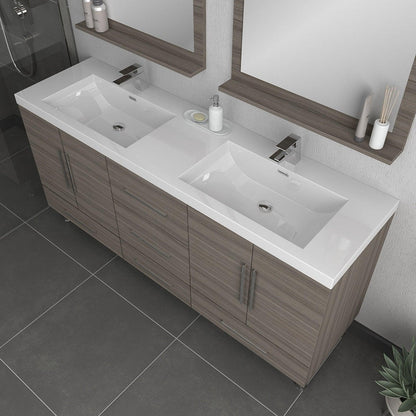 Alya Bath Ripley 72" Double Gray Modern Freestanding Bathroom Vanity With Integrated Acrylic Top, Acrylic Sink and Wall Mounted Mirror - AT-8063-G-72+2x AT-30-M-G