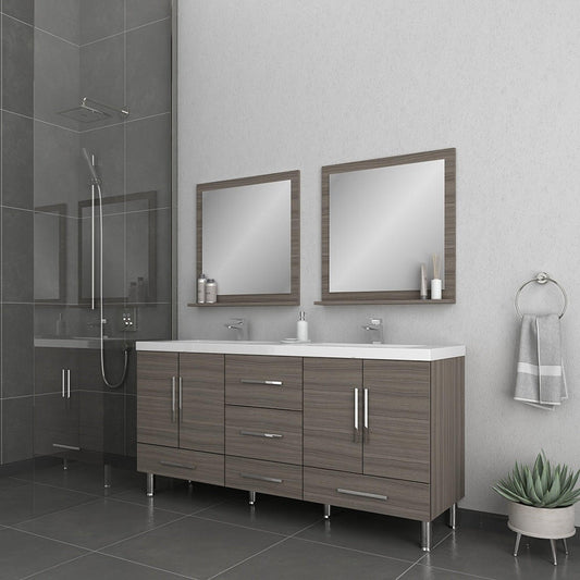Alya Bath Ripley 72" Double Gray Modern Freestanding Bathroom Vanity With Integrated Acrylic Top, Acrylic Sink and Wall Mounted Mirror - AT-8063-G-72+2x AT-30-M-G