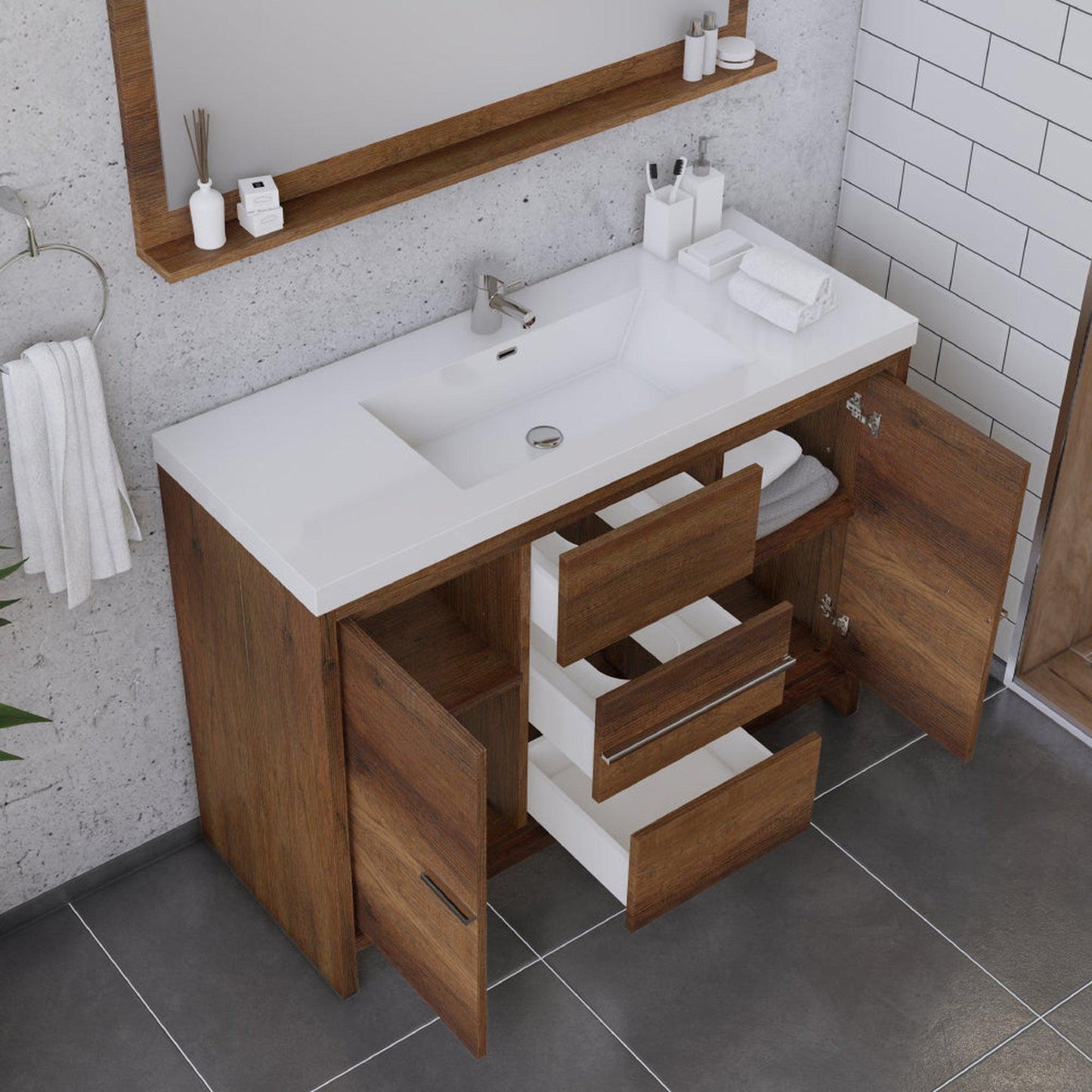 Alya Bath Sortino 48" Single Rosewood  Modern Freestanding  Bathroom Vanity With Acrylic Top and Integrated Sink - AB-MD648-RW