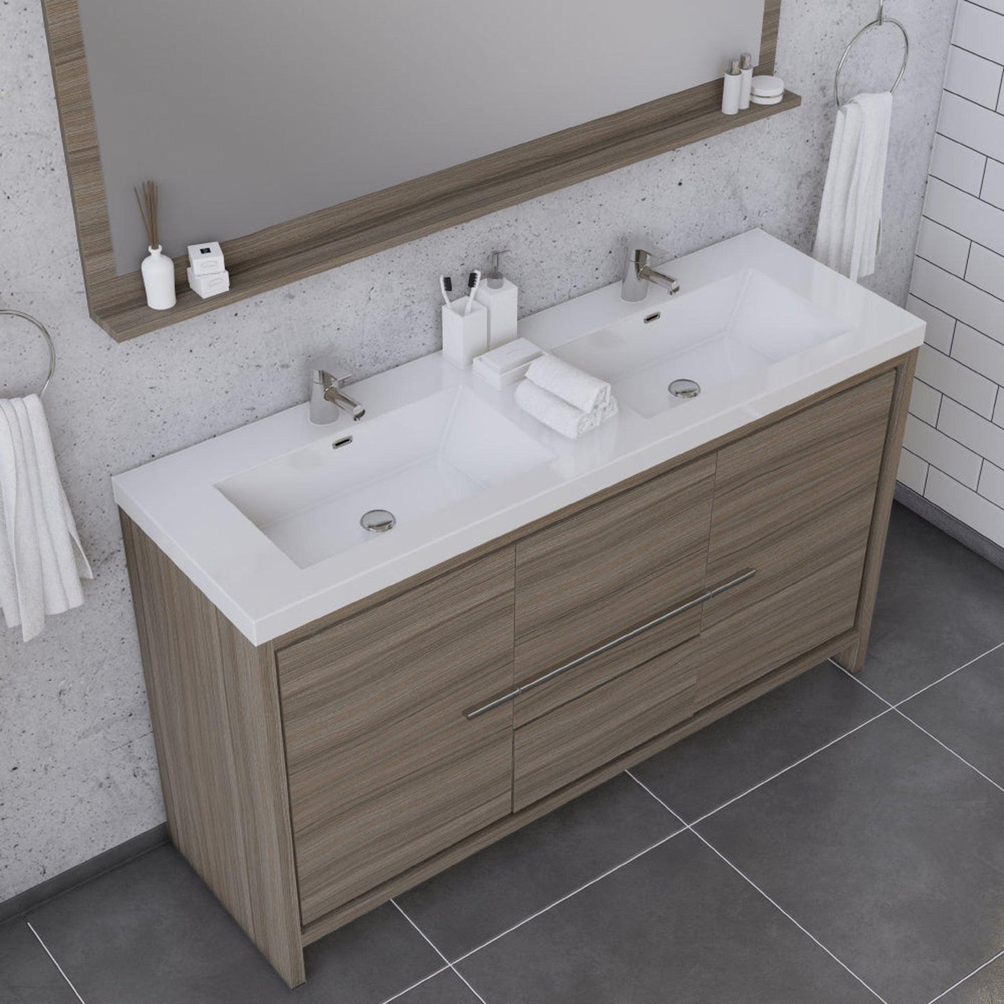Alya Bath Sortino 60" Double Gray Modern Freestanding Bathroom Vanity With Acrylic Top and Integrated  Sink - AB-MD660D-G