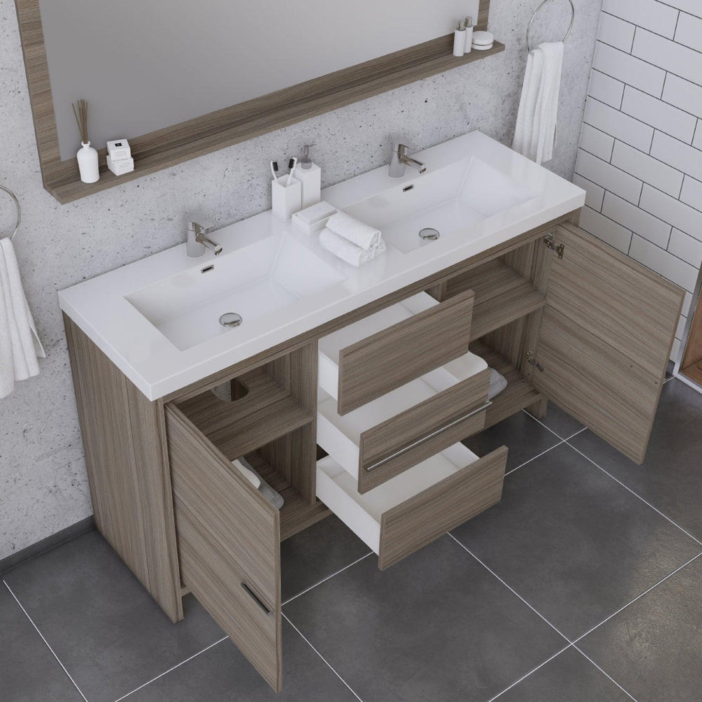 Alya Bath Sortino 60" Double Gray Modern Freestanding Bathroom Vanity With Acrylic Top and Integrated  Sink - AB-MD660D-G